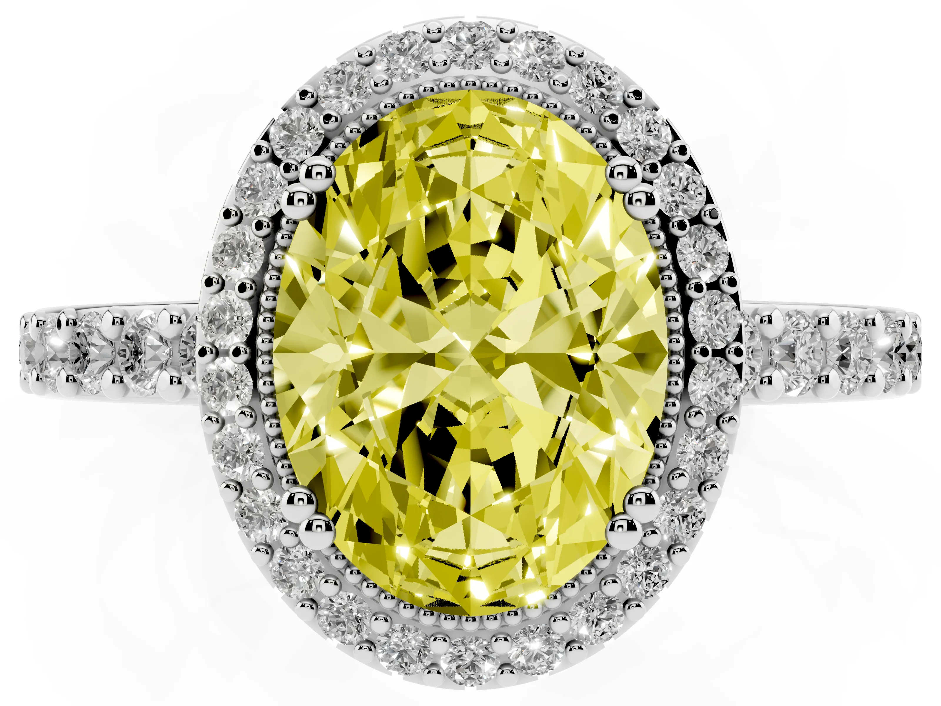 Fancy Yellow Oval Cut Diamond Halo Engagement Ring Set in Platinum with Milgrain Detail and Pavé Band