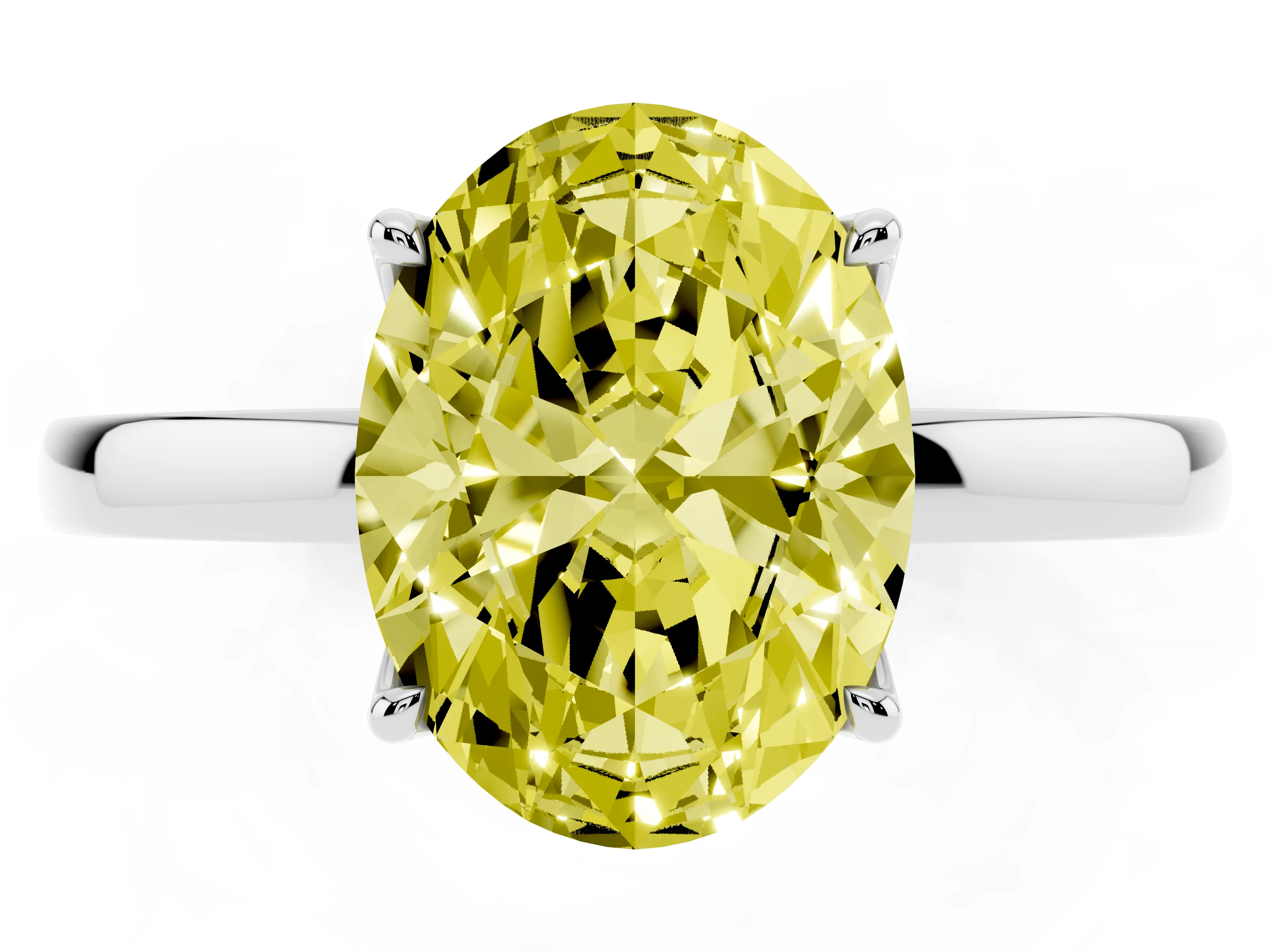 Fancy Yellow Oval Cut Diamond Solitaire Ring Set in White gold with Prong Setting and Thin Polished Band