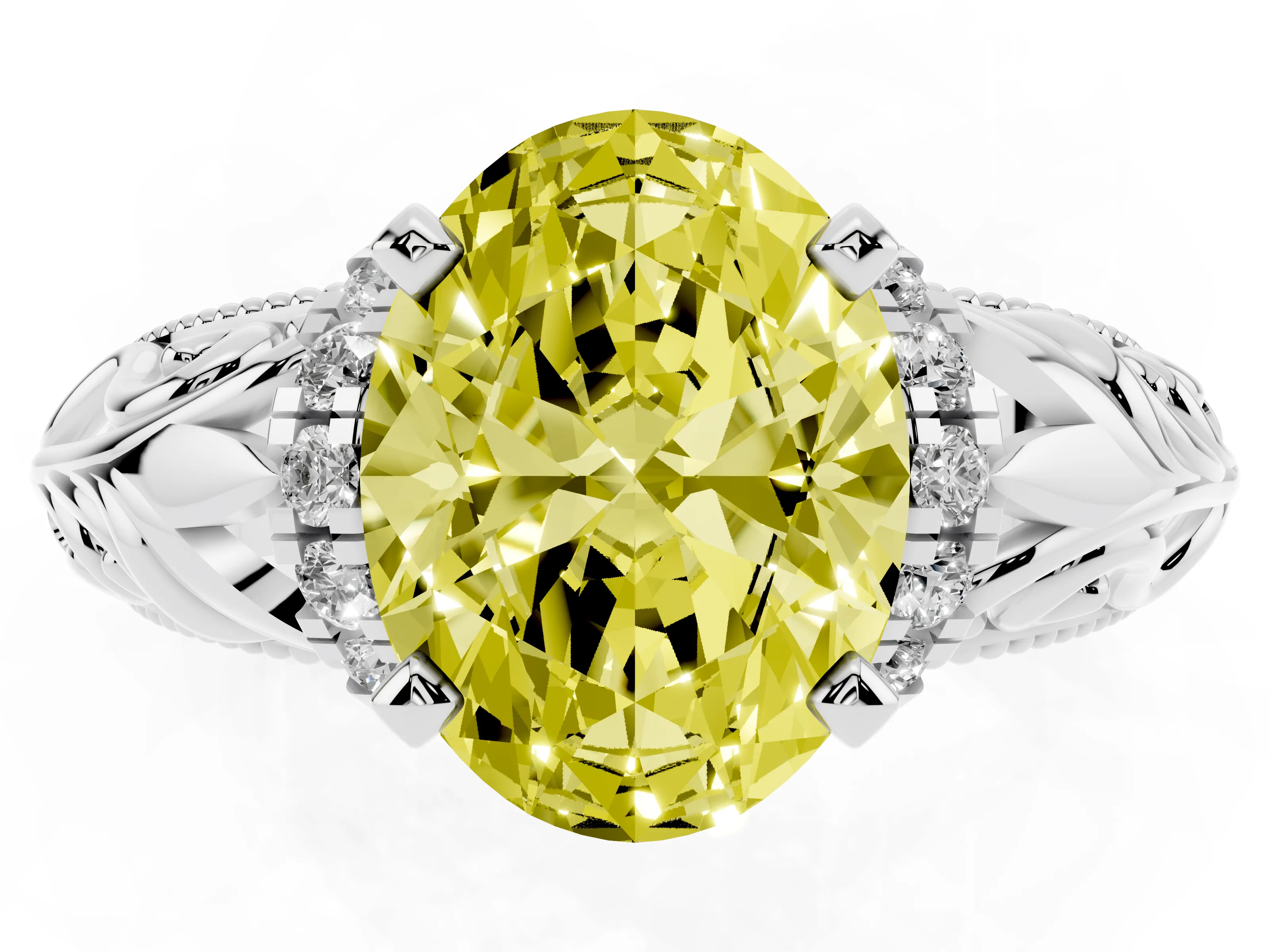 Fancy Yellow Oval Cut Diamond Filigree Halo Engagement Ring Set in Platinum with Prong Setting