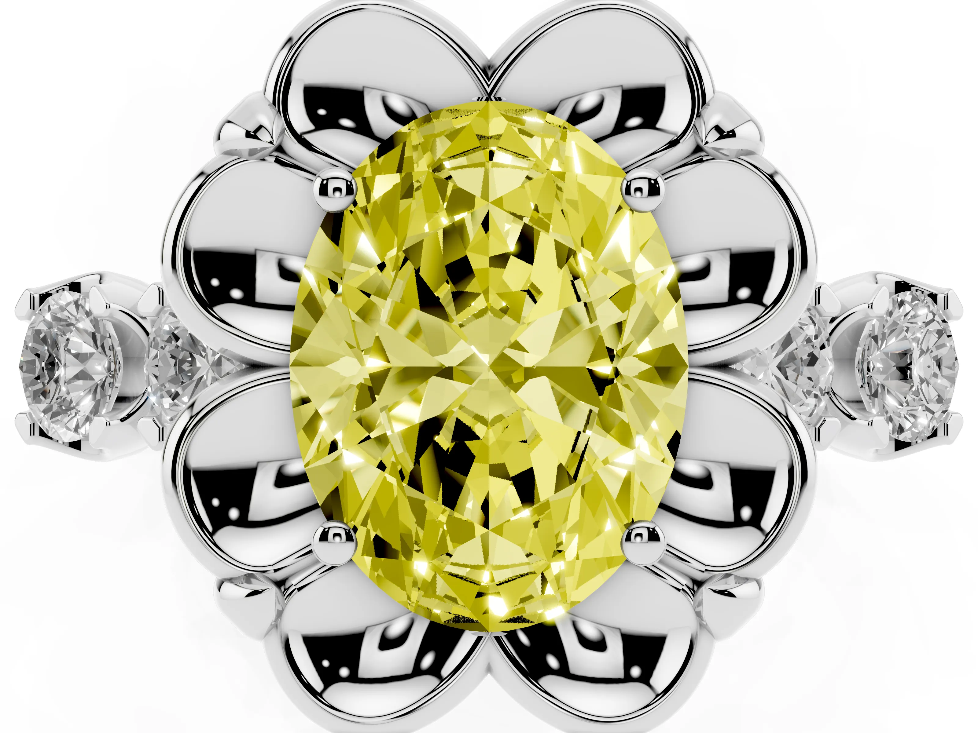 Fancy Yellow Oval Cut Diamond Floral Halo Ring Set in Platinum with Shared Prong Band