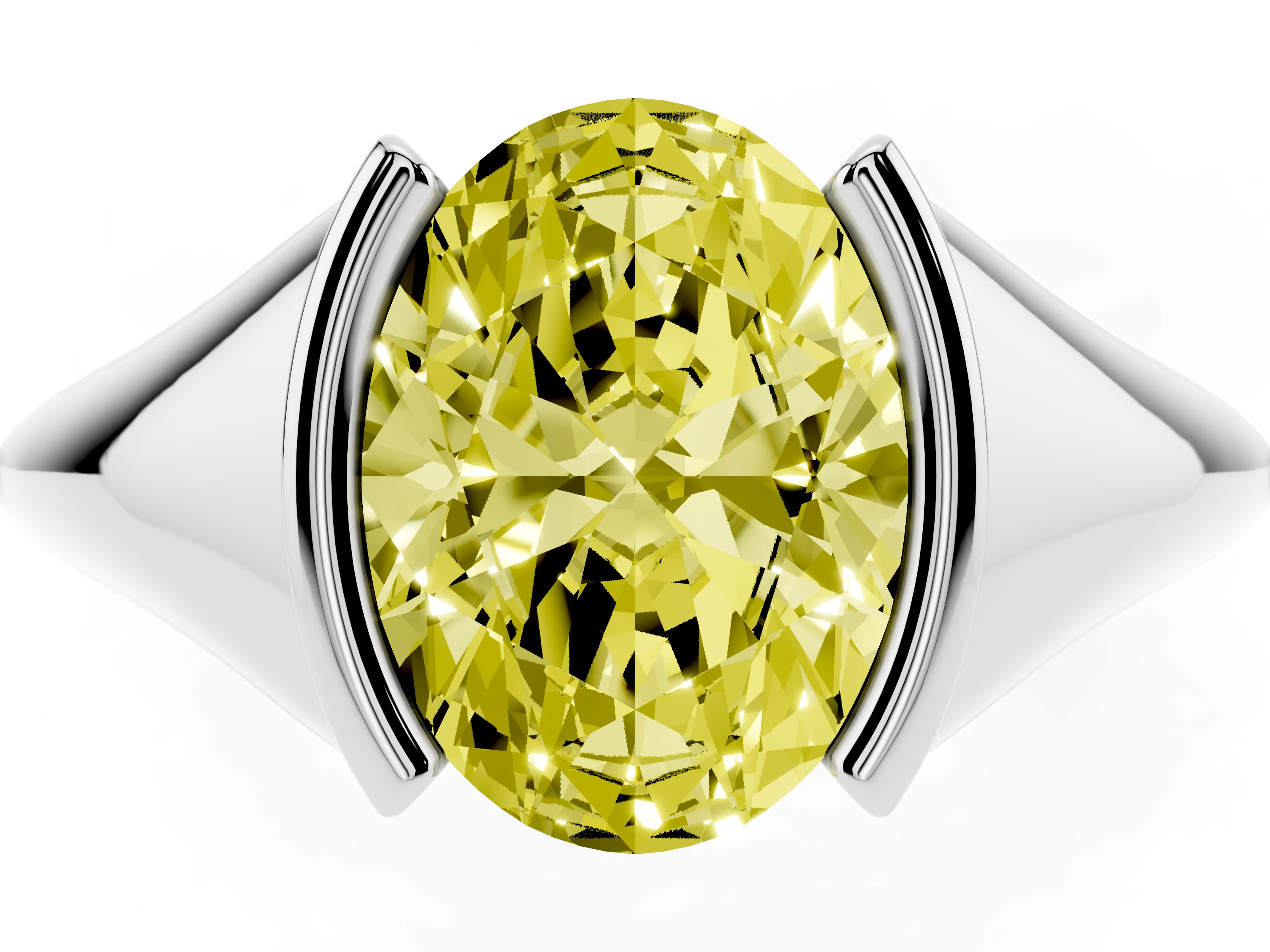 Fancy Yellow Oval Cut Diamond Solitaire Tension Set Ring Set in White gold