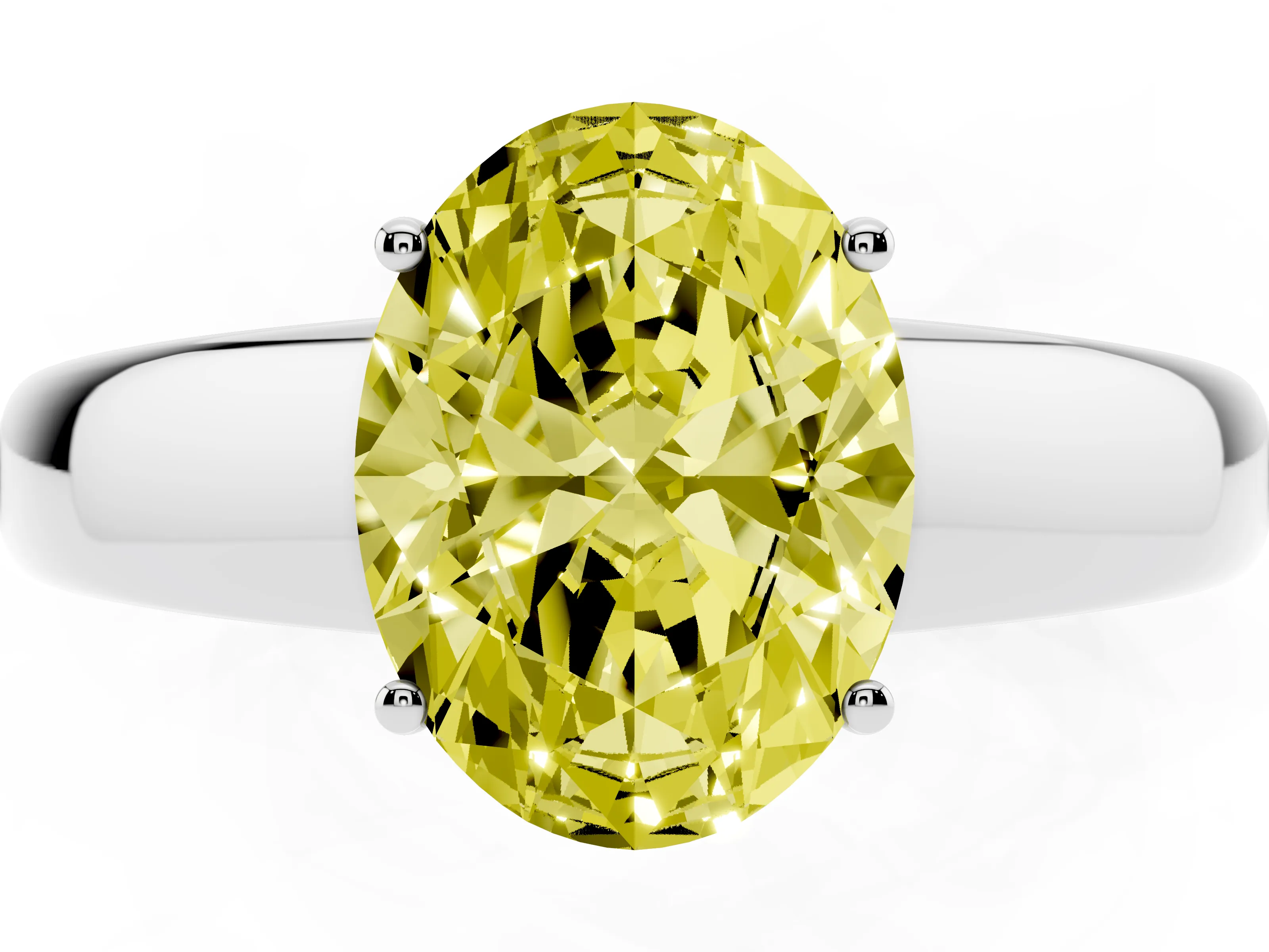 Fancy Yellow Oval Cut Diamond Solitaire Ring Set in Platinum with Tapered Band and Prong Setting