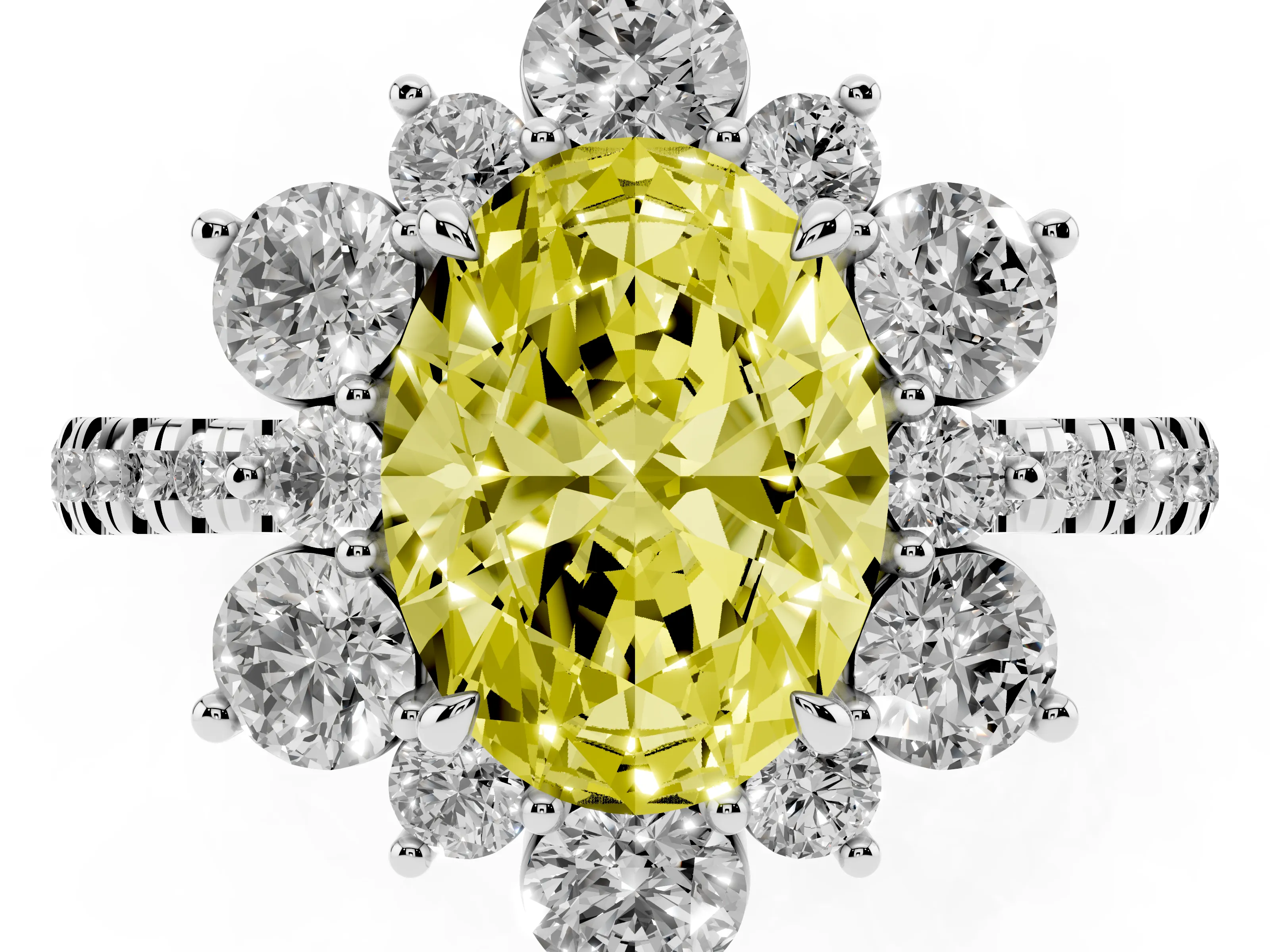 Fancy Yellow Oval Cut Diamond Floral Halo Ring Set in Platinum with Round Pavé Band and Prong Setting