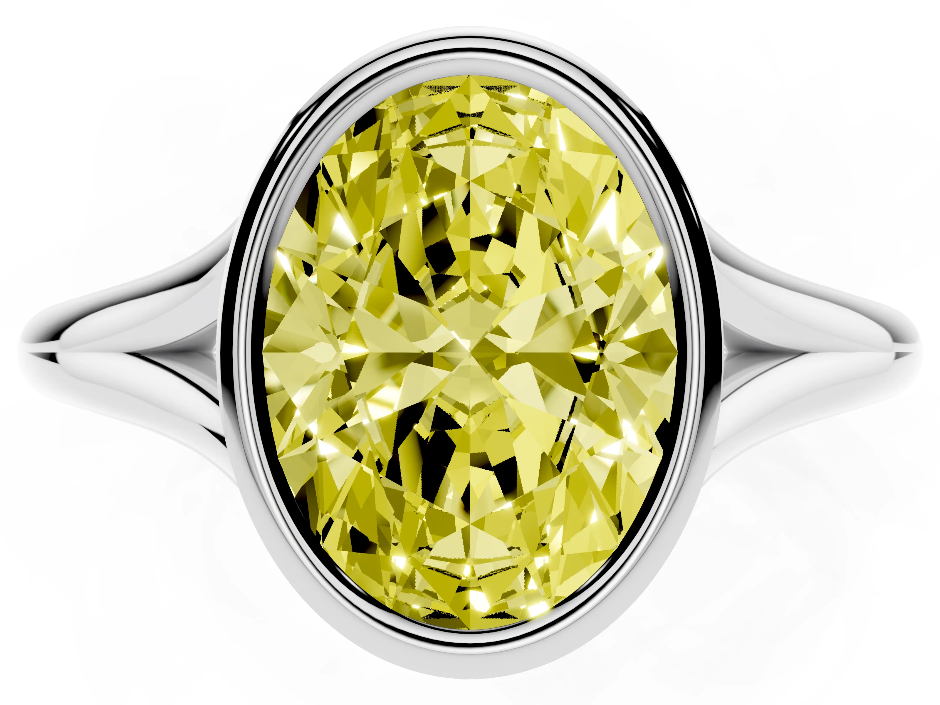 Fancy Yellow Bezel Set Oval Cut Diamond Solitaire Ring Set in Platinum with Tapered Band