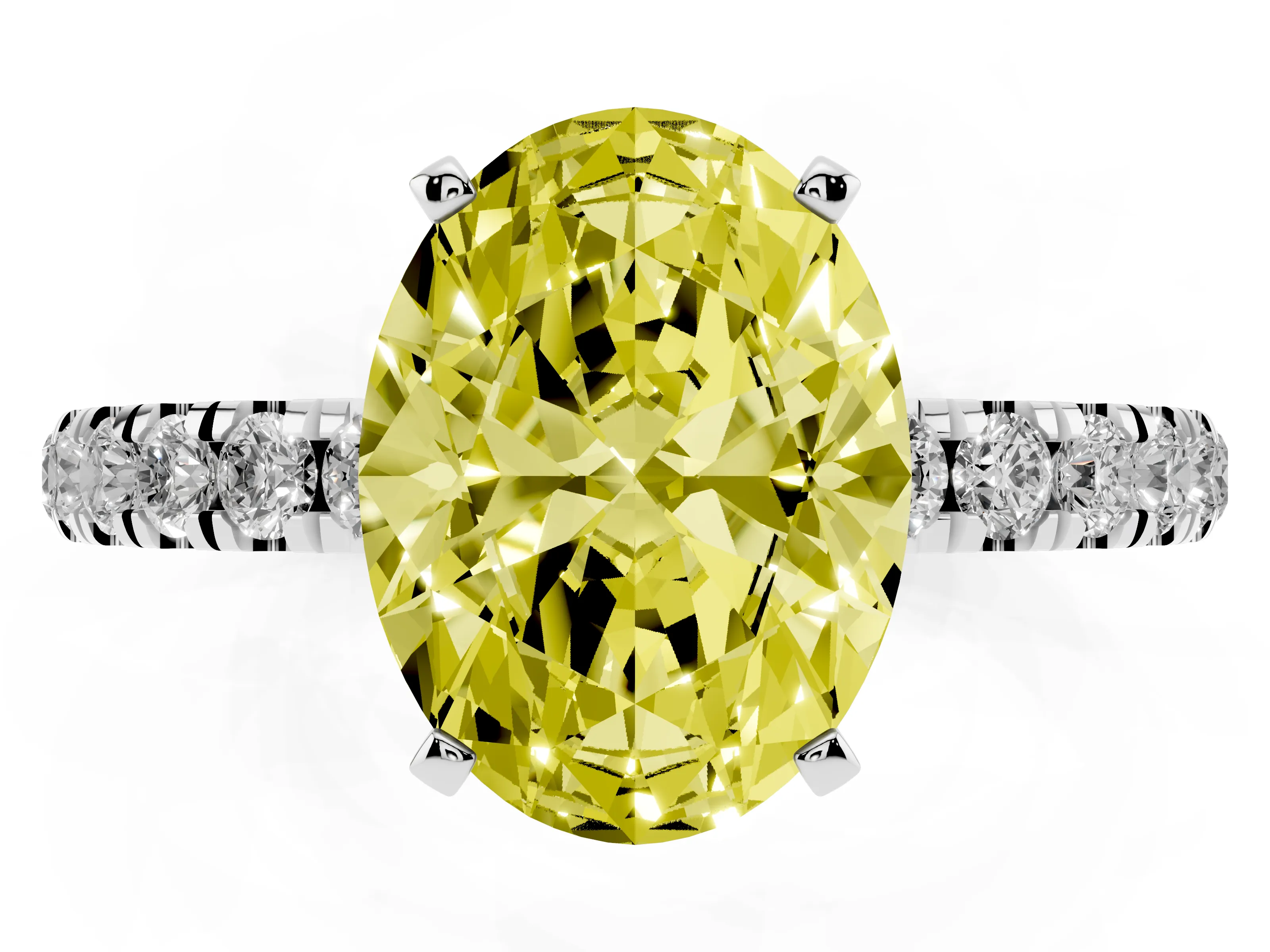 Fancy Yellow Oval Cut Diamond Solitaire Ring Set in Platinum with Pavé Accents and Prong Setting