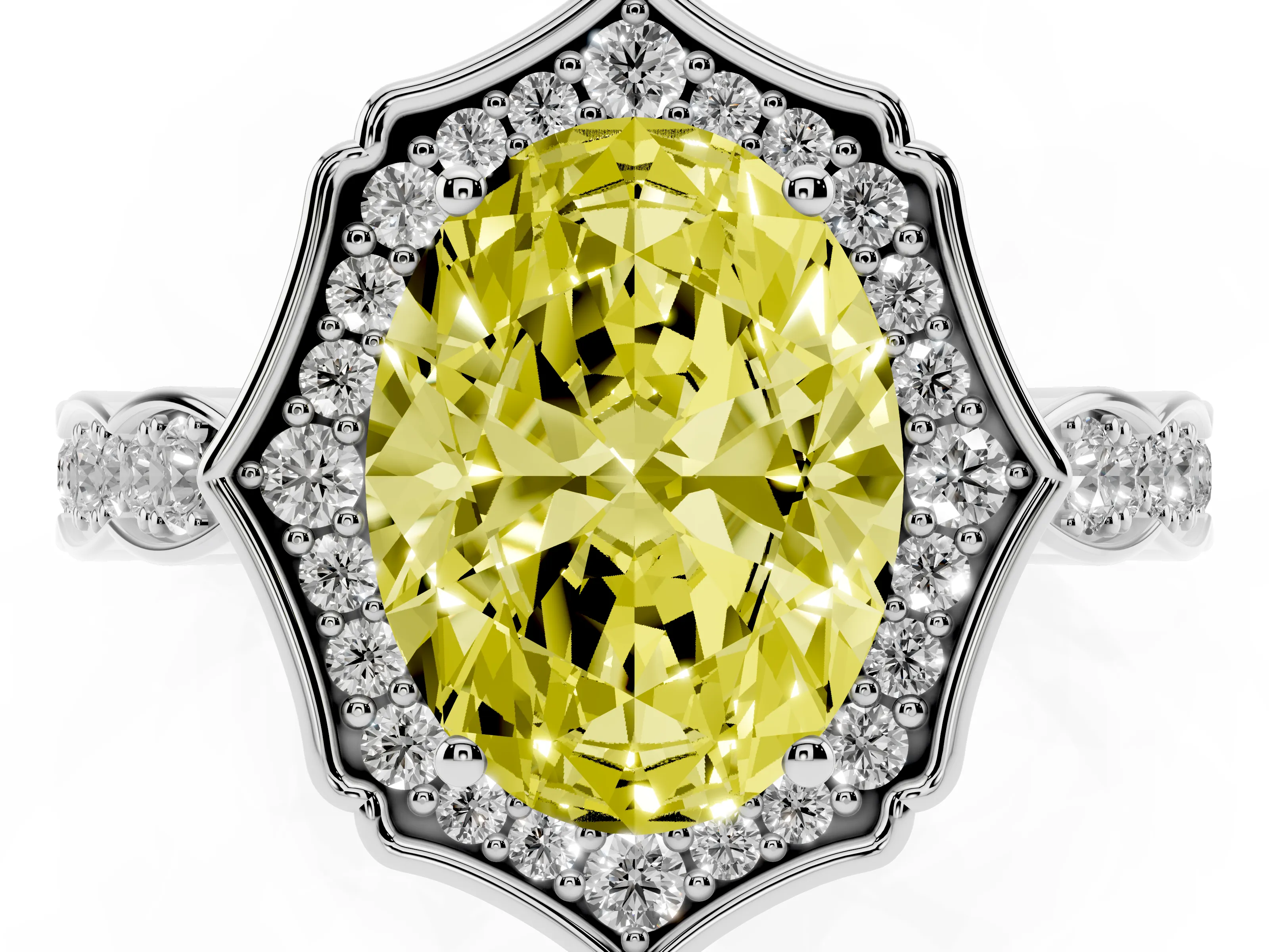 Fancy Yellow Oval Cut Diamond Halo Engagement Ring Set in White gold with Milgrain Band and Prong Setting