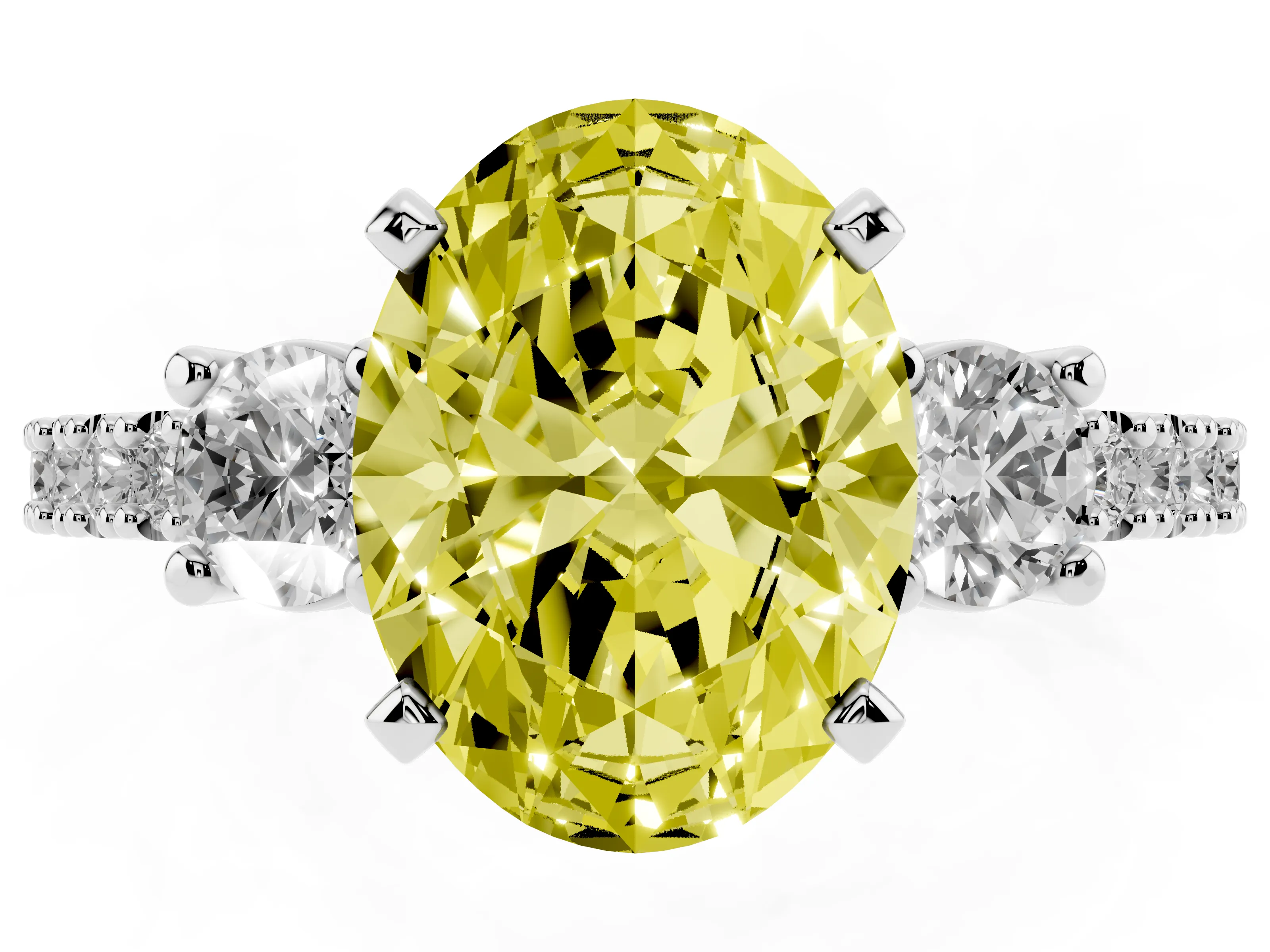 Fancy Yellow Three-Stone Oval Cut Diamond Pavé Band Ring Set in White gold with Prong Setting