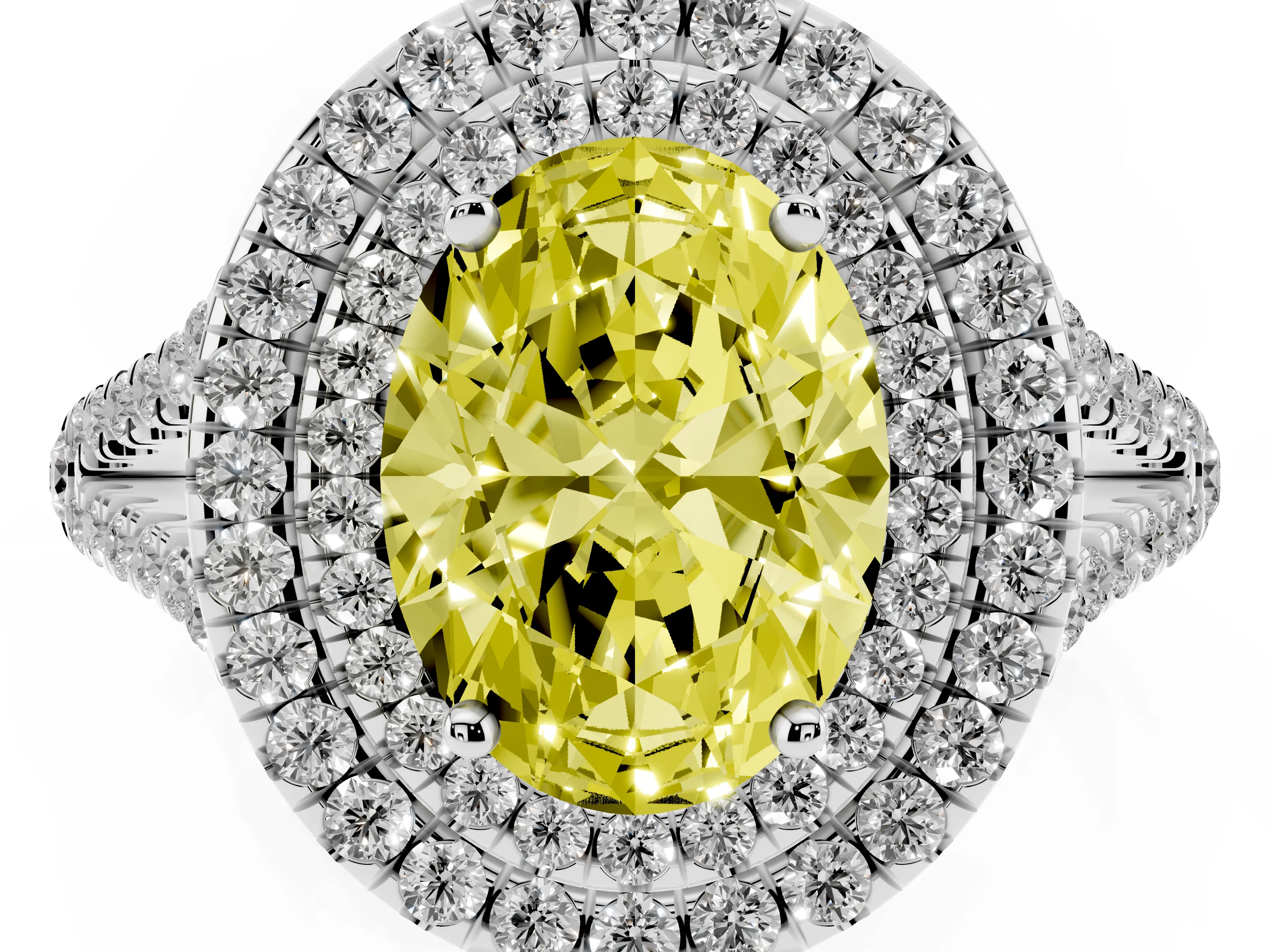 Fancy Yellow Oval Cut Diamond Double Halo Ring Set in Platinum with Pavé Band
