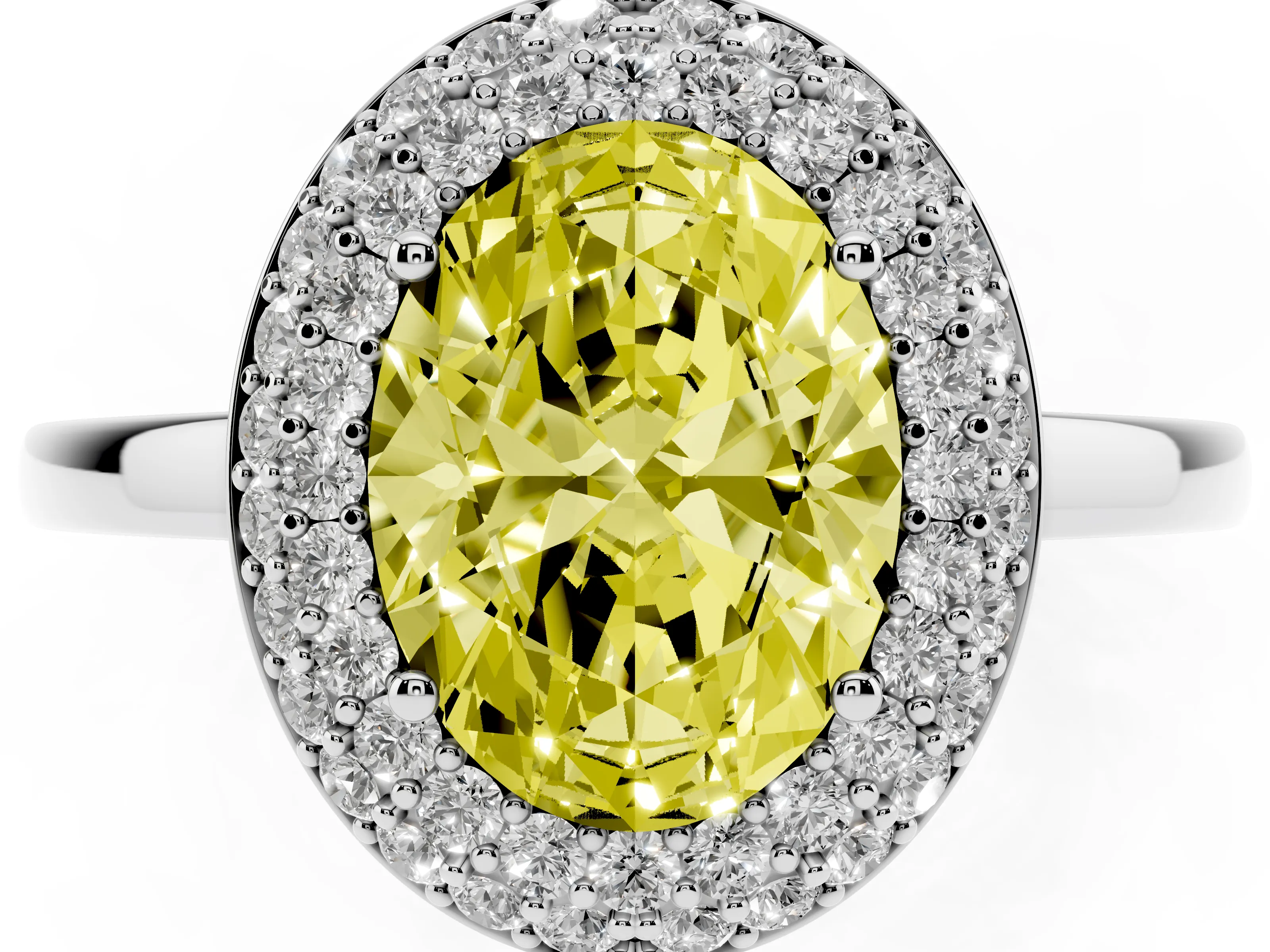 Fancy Yellow Oval Cut Diamond Halo Engagement Ring Set in White gold with Solitaire Band and Prong Setting