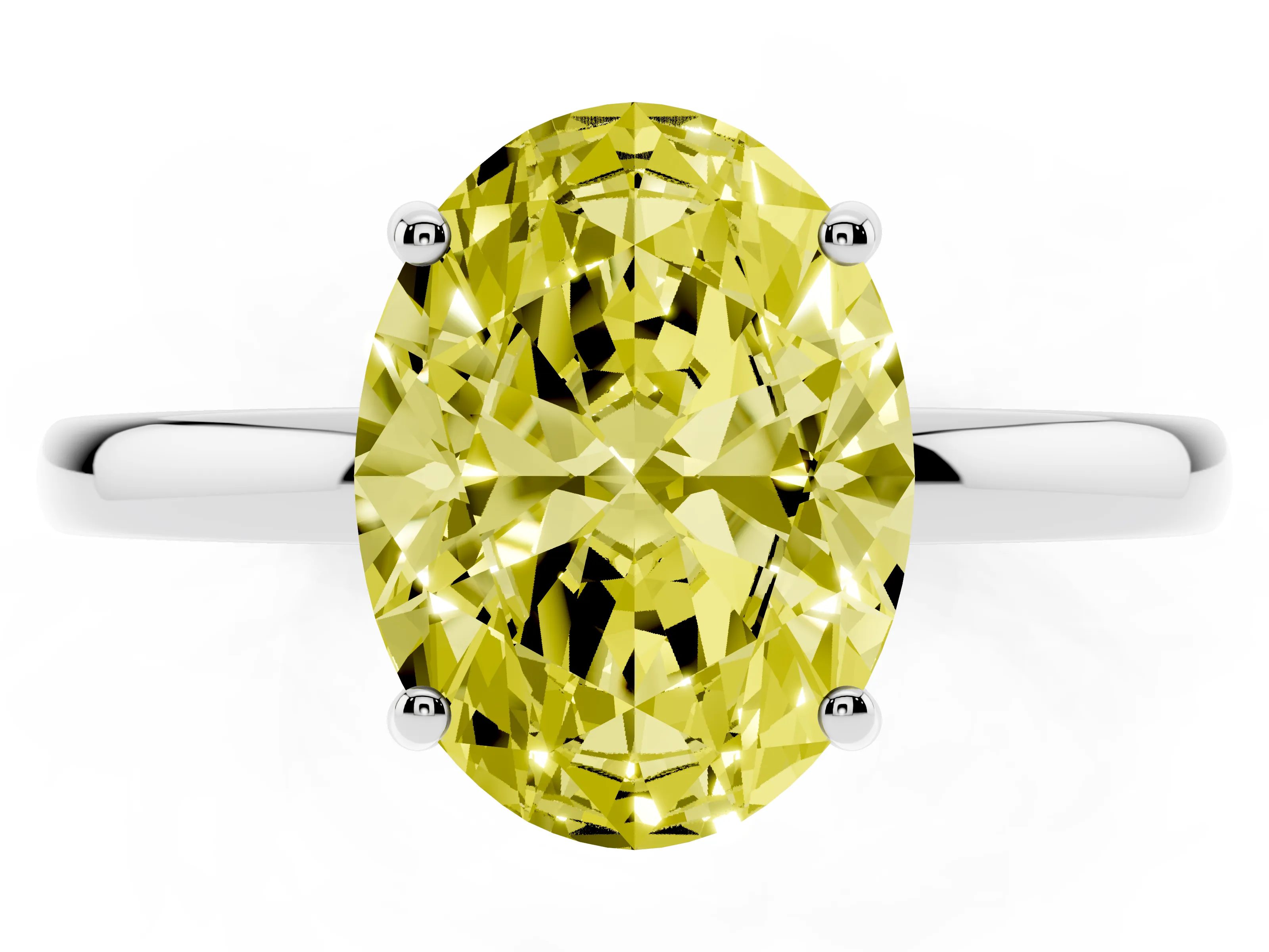 Fancy Yellow Oval Cut Diamond Solitaire Ring Set in Silver with Plain Band and Prong Setting