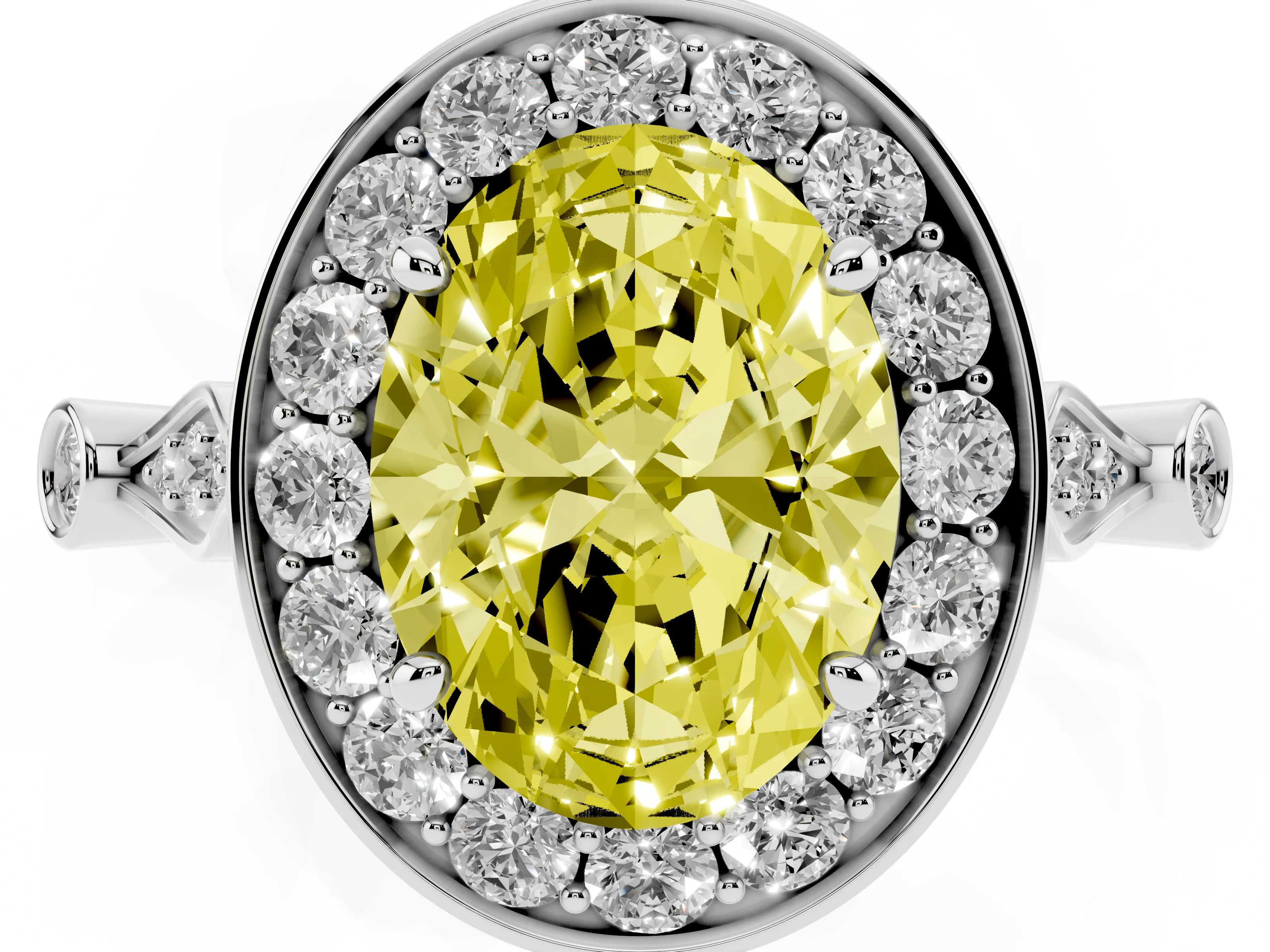 Fancy Yellow Oval Cut Diamond Halo Engagement Ring Set in Silver with Twisted Band and Prong Setting