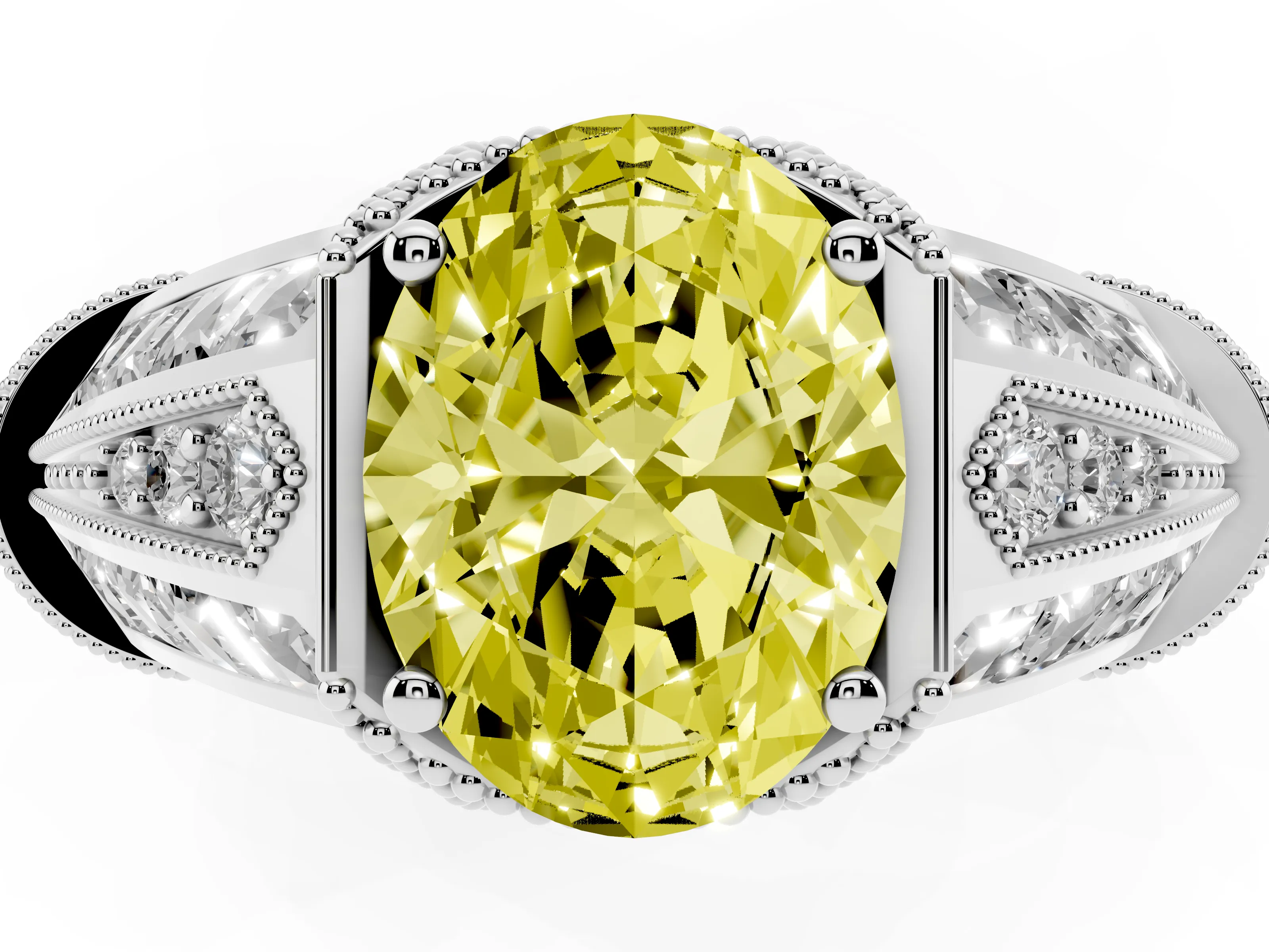 Fancy Yellow Oval Cut Diamond Vintage-Inspired Milgrain Ring Set in Silver with Accent Split Shank