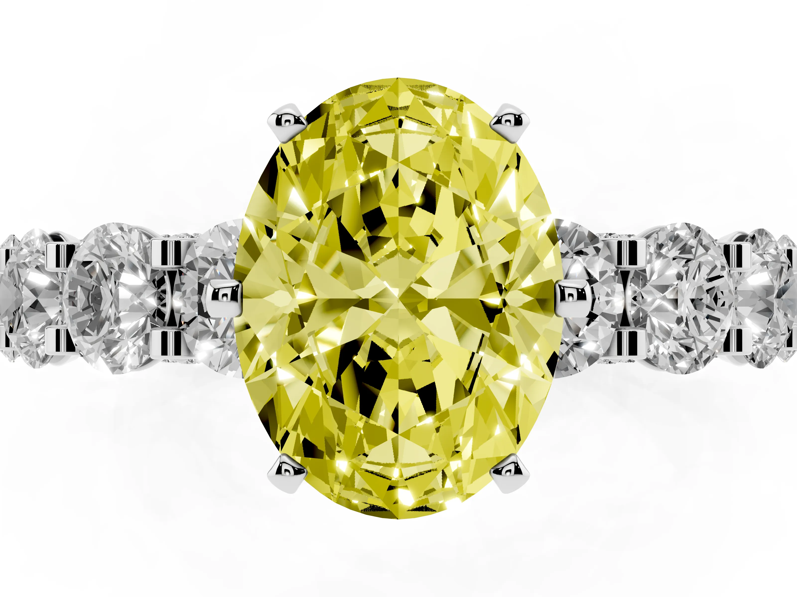Fancy Yellow Oval Cut Diamond Side Stone Ring Set in Platinum with Alternating Round and Oval Side Stones
