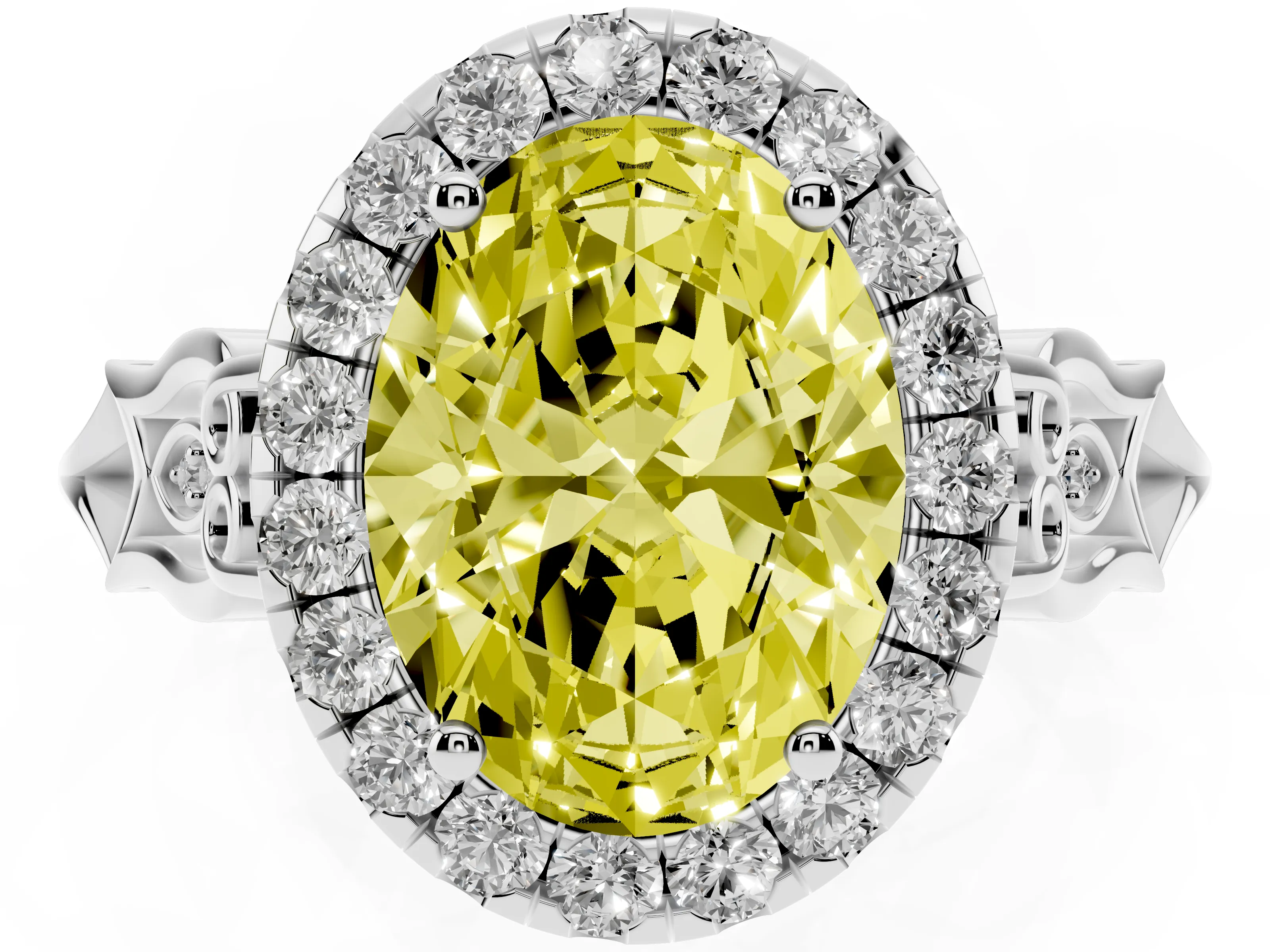 Fancy Yellow Oval Cut Diamond Halo Engagement Ring Set in Platinum with Filigree Band and Prong-Set Center