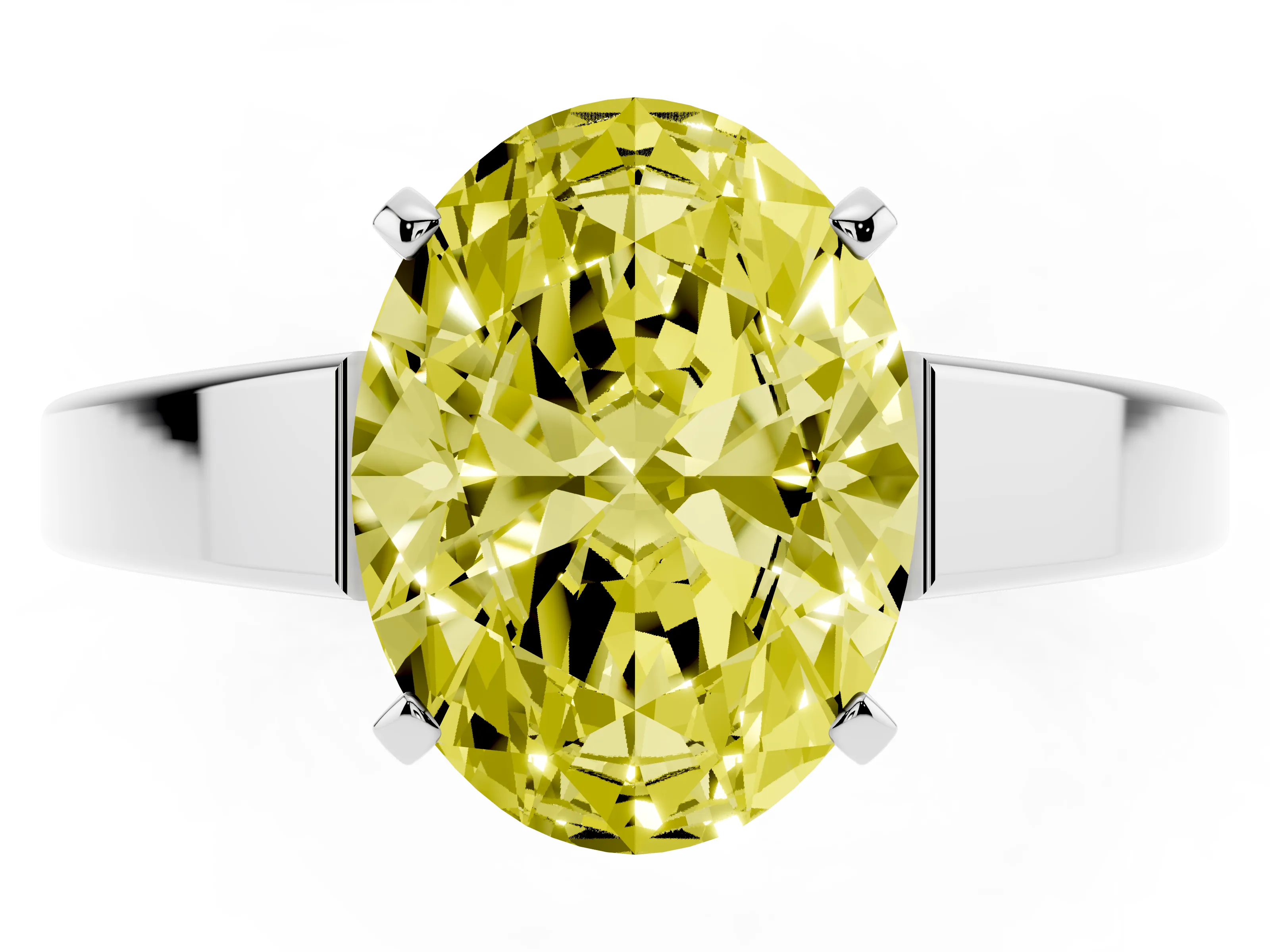 Fancy Yellow Oval Cut Diamond Solitaire Engagement Ring Set in White gold with Prong Setting and Tapered Band