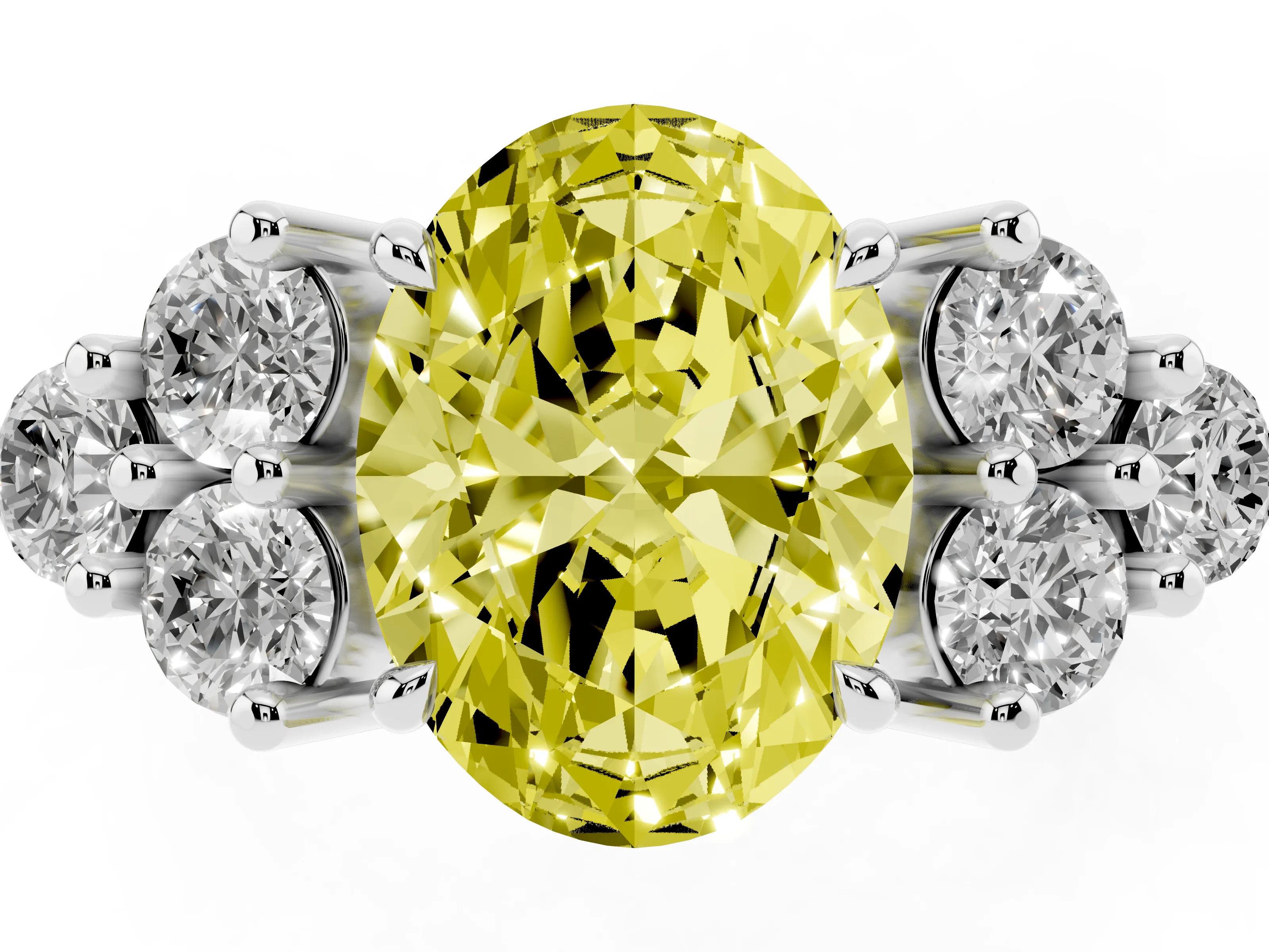 Fancy Yellow Oval Cut Diamond Solitaire Ring Set in Silver with Cluster Accents on Each Side