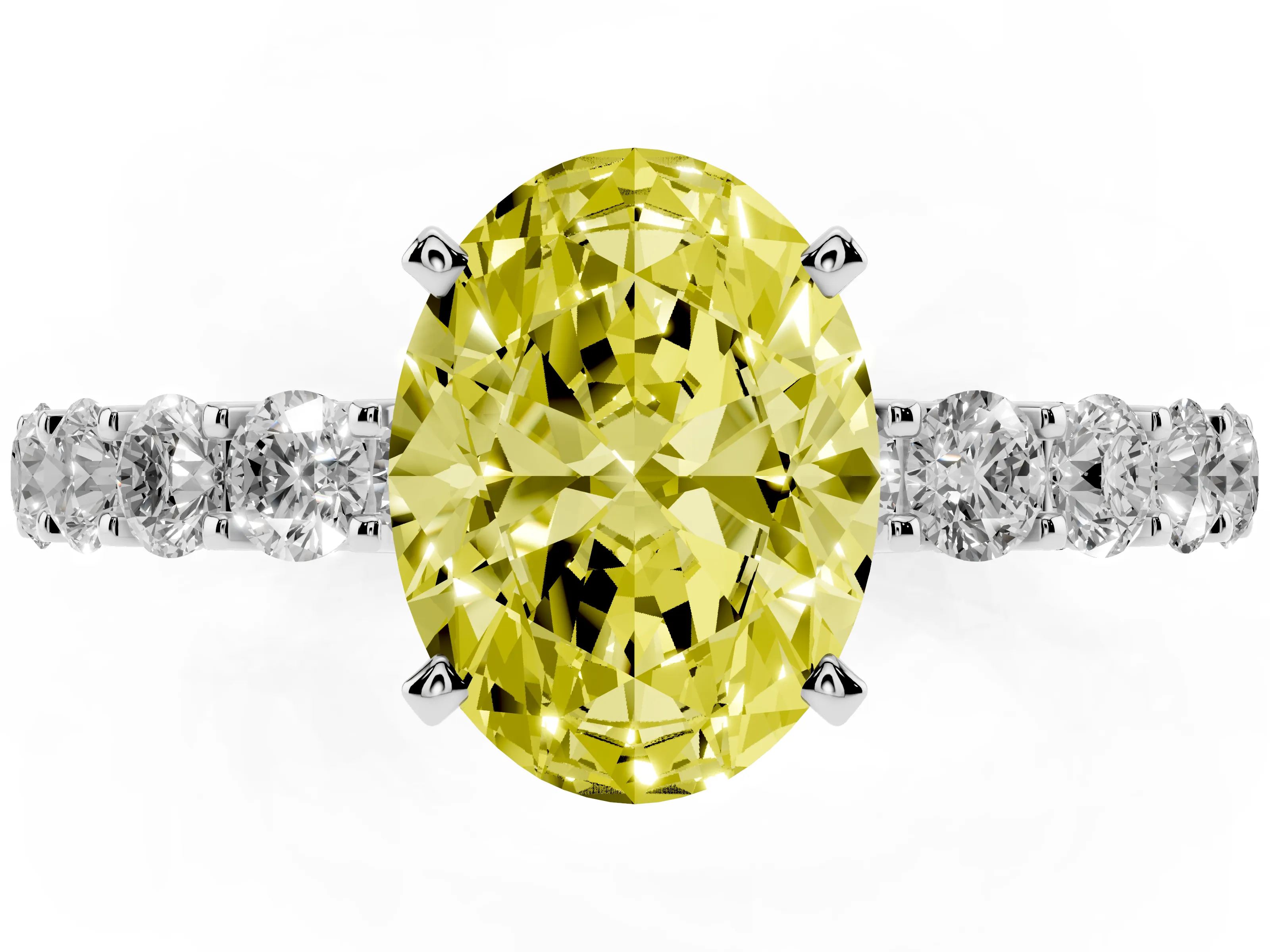 Fancy Yellow Oval Cut Diamond Solitaire Ring Set in Platinum with Shared Prong Pavé Band