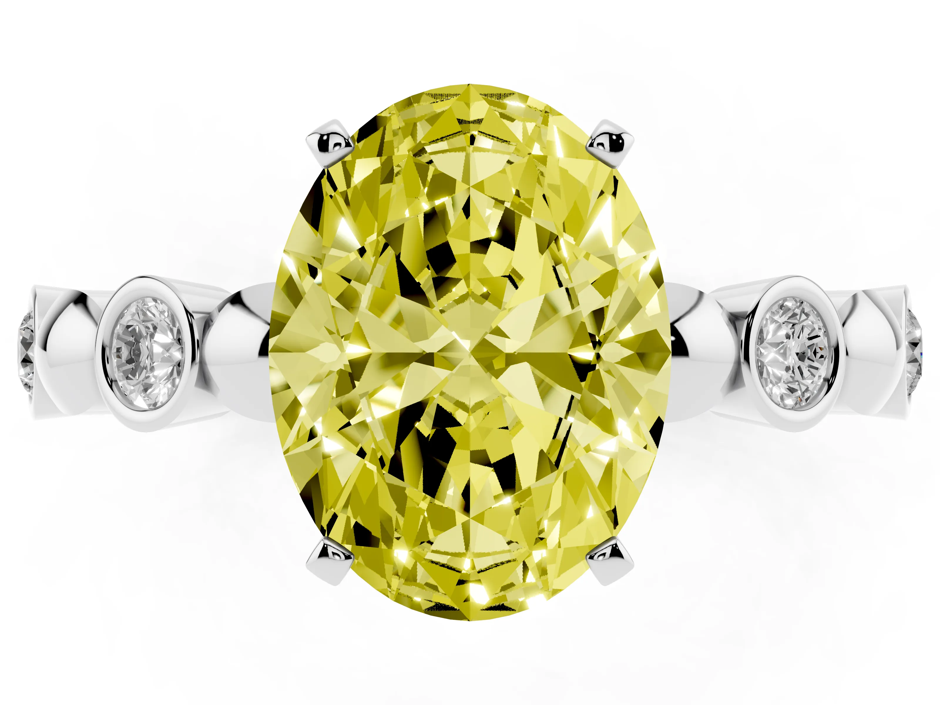 Fancy Yellow Oval Cut Diamond Solitaire Ring Set in Silver with Bezel-Set Accents on Beaded Band and Prong Setting