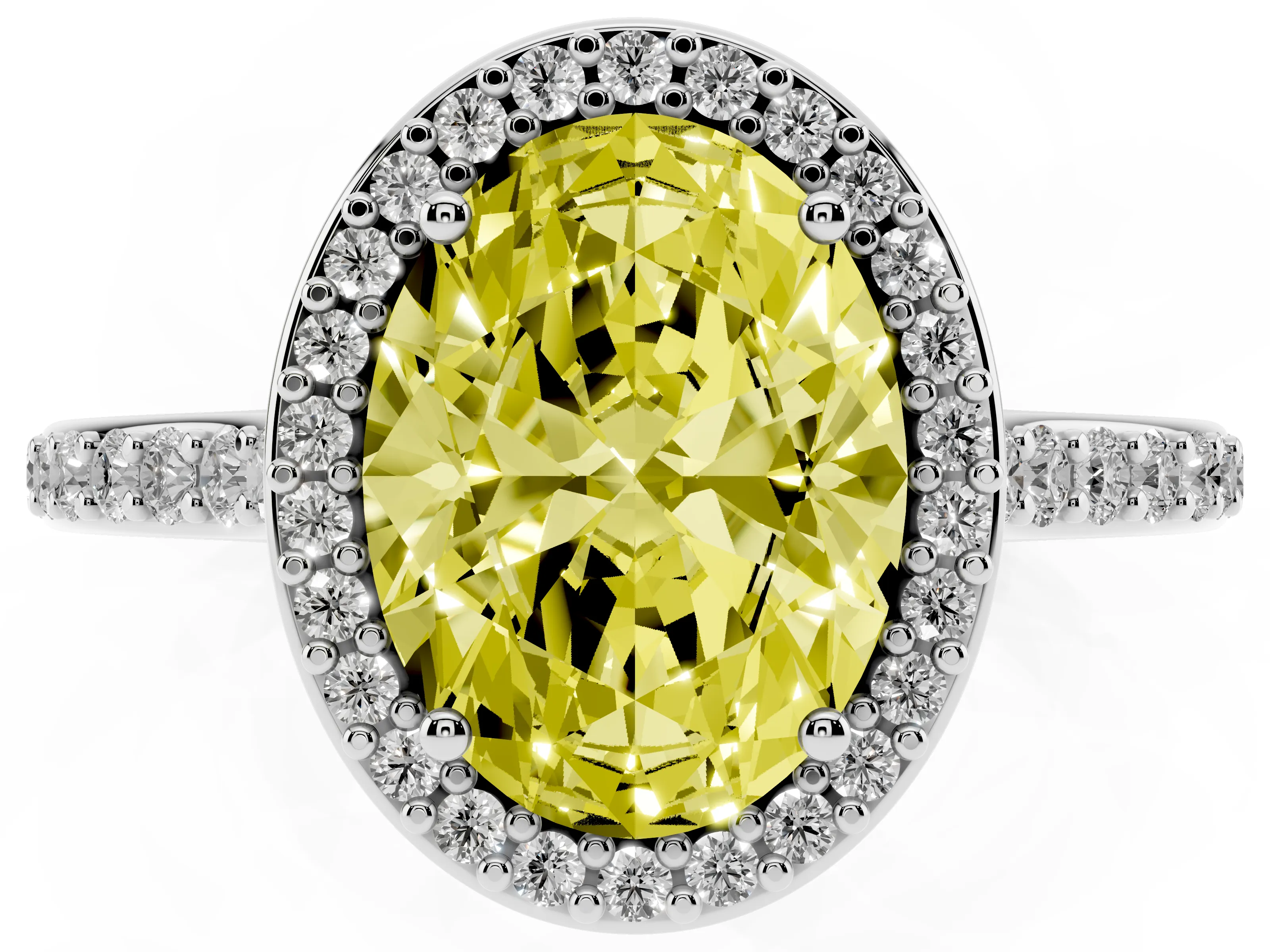 Fancy Yellow Oval Cut Diamond Halo Engagement Ring Set in Platinum with Round Pavé Shoulders and Heart Gallery