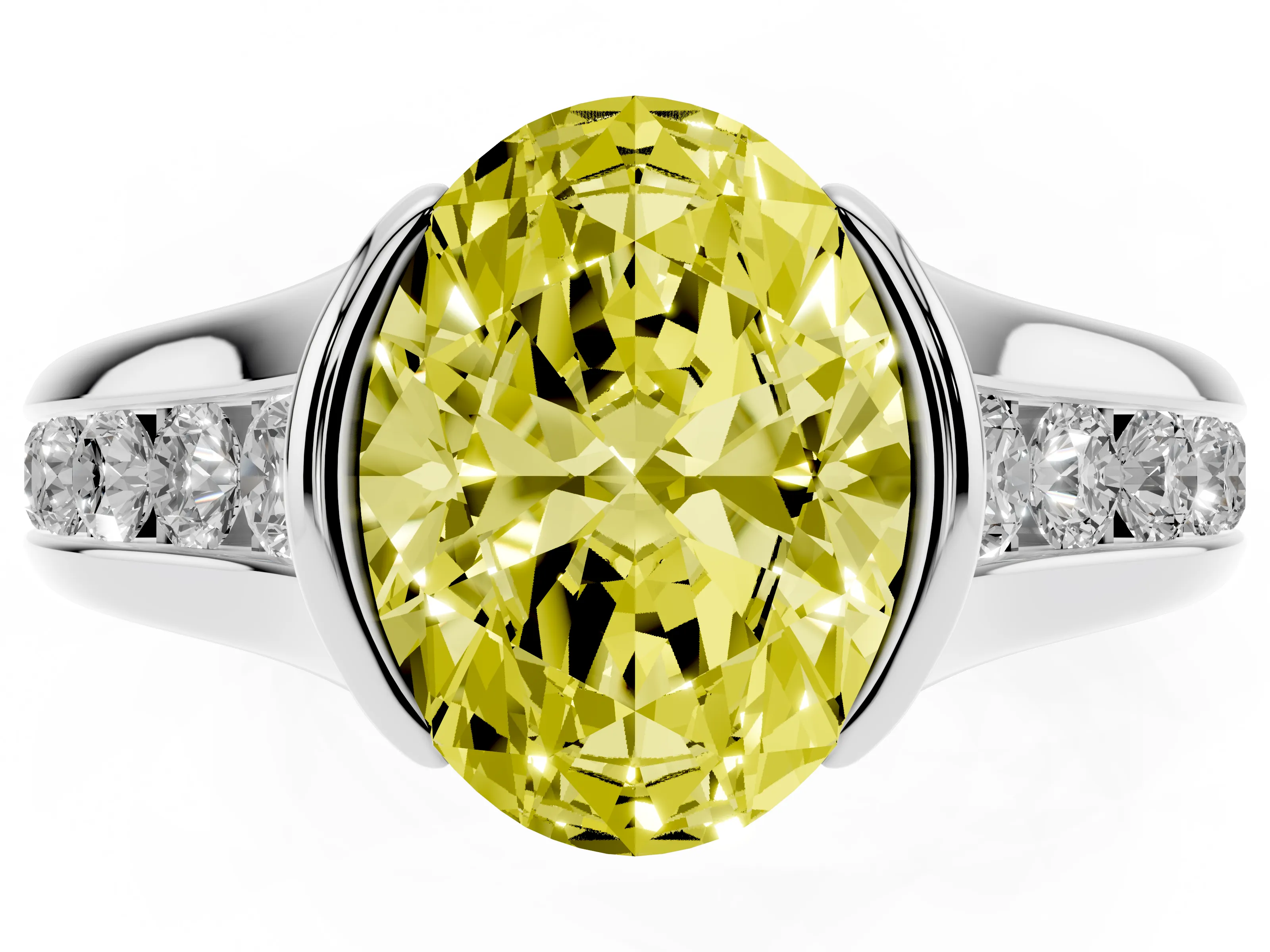 Fancy Yellow Oval Cut Diamond Bezel-Set Solitaire Ring Set in Silver with Channel-Set Band