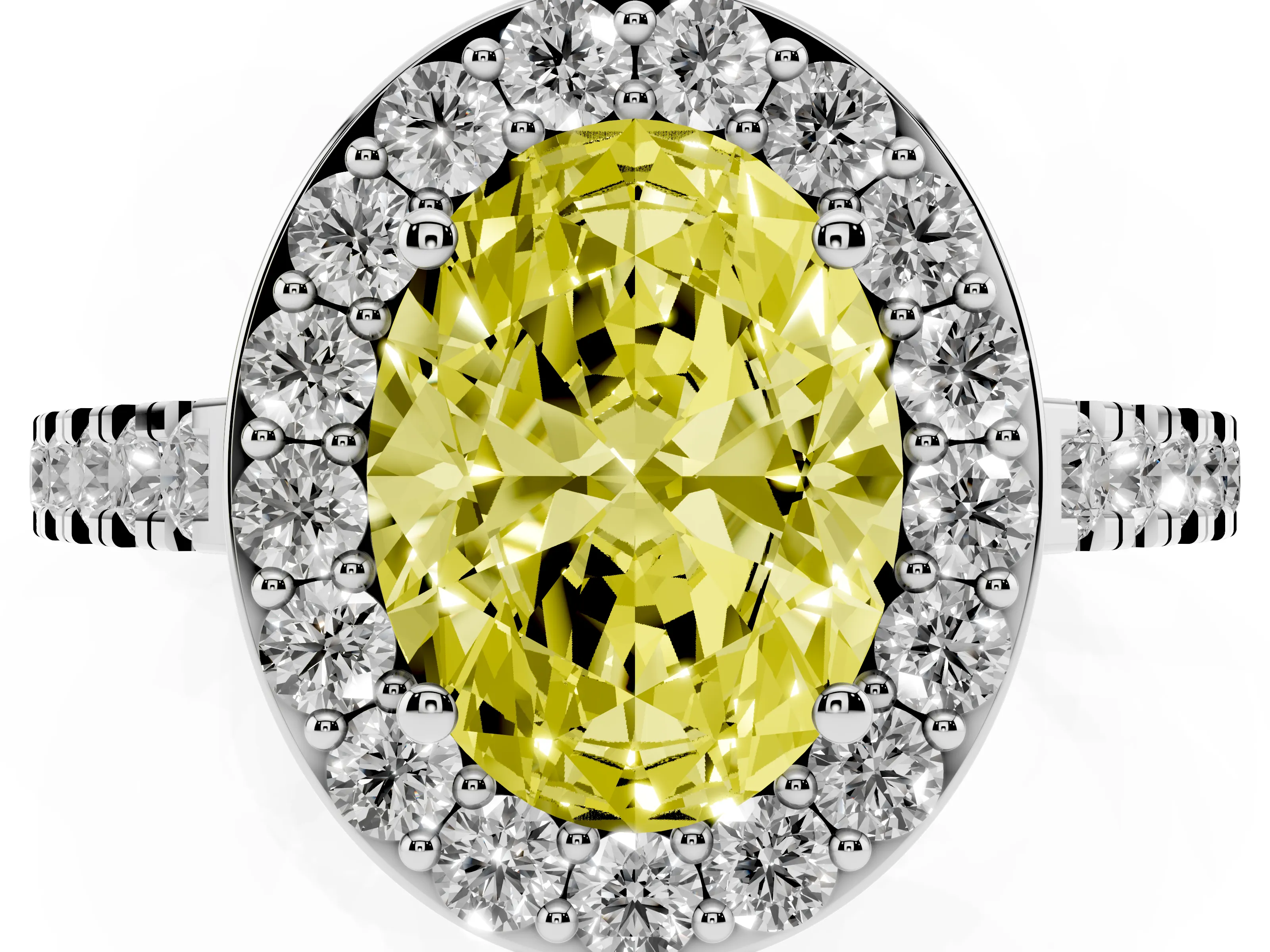 Fancy Yellow Oval Cut Diamond Halo Ring Set in Silver with Round Pavé Split Shank and Prong Setting