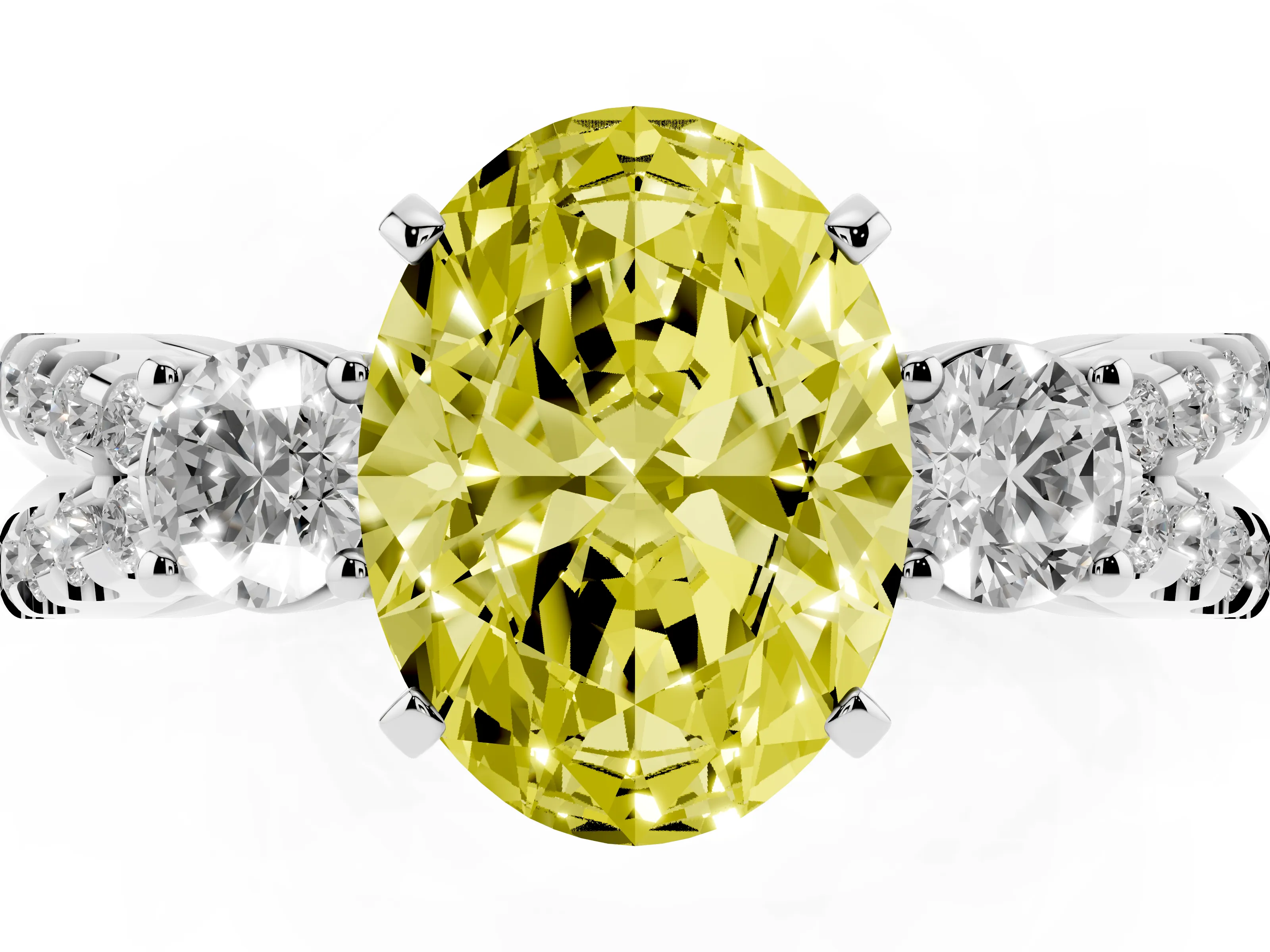 Fancy Yellow Oval Cut Diamond Three-Stone Ring Set in White gold with Pavé Split Shank and Prong Setting