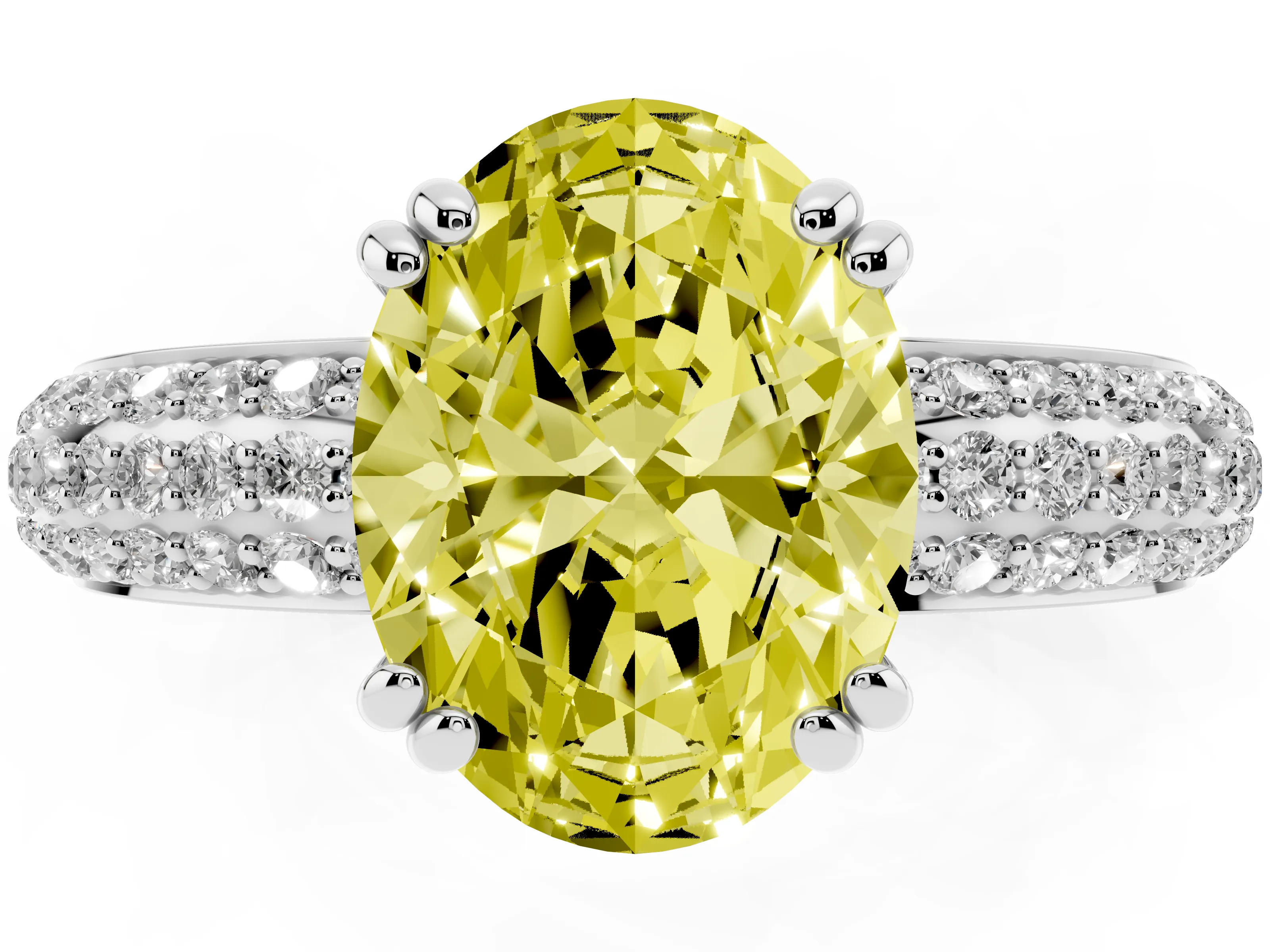 Fancy Yellow Oval Cut Diamond Solitaire Ring Set in Platinum with Multi-Row Round Pavé Band and Prong Setting