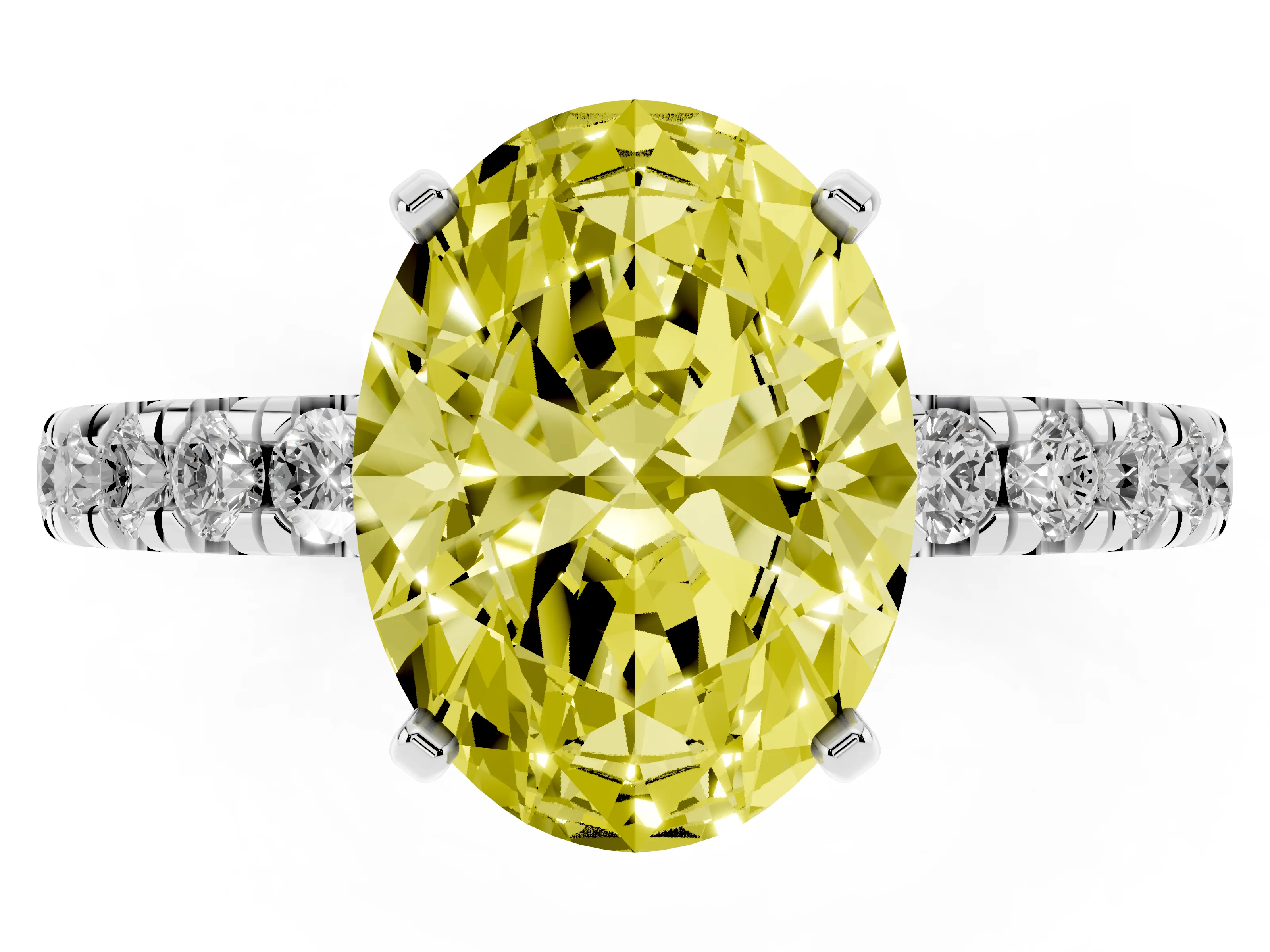 Fancy Yellow Oval Cut Diamond Pavé Solitaire Ring Set in Platinum with Round Band and Prong Setting