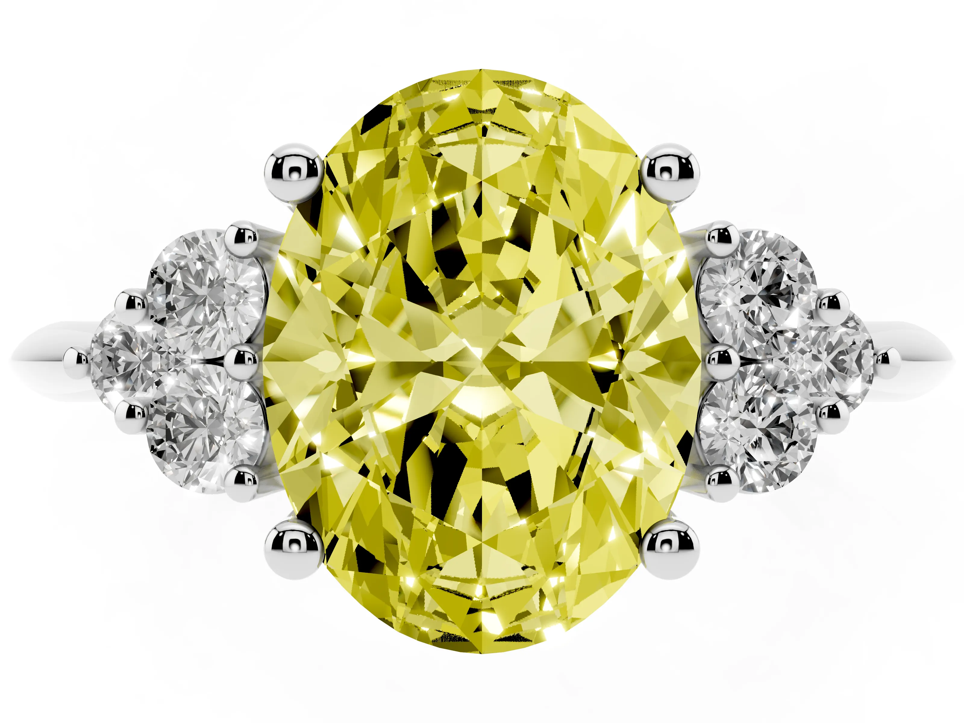 Fancy Yellow Oval Cut Diamond Cluster Ring Set in Platinum with Plain Band and Prong Setting