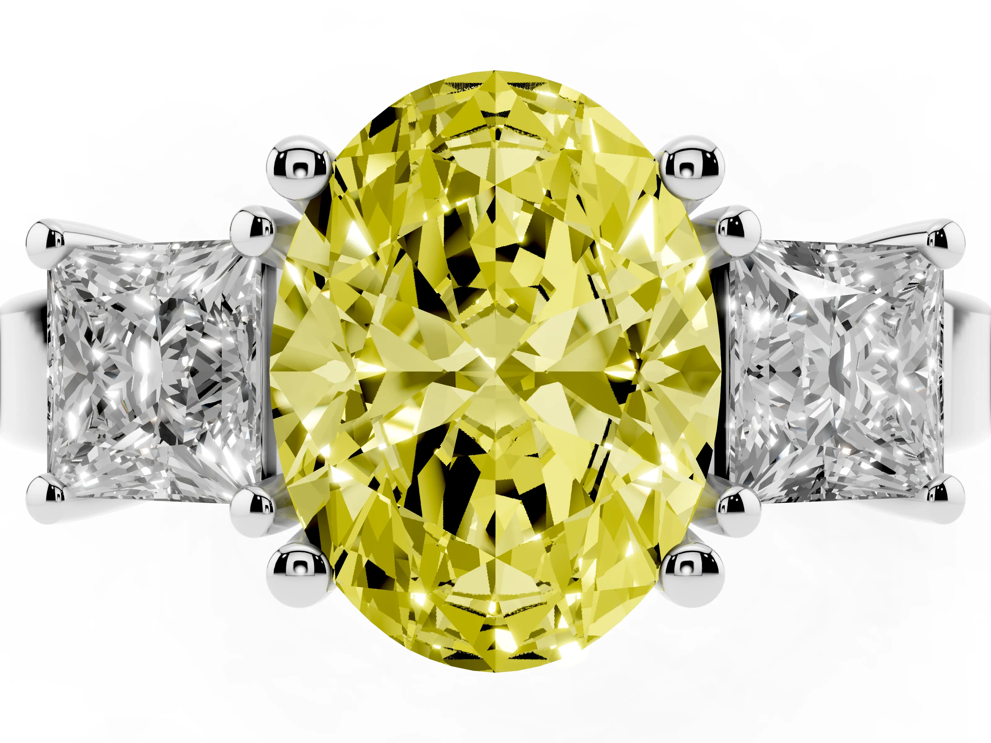 Fancy Yellow Three-Stone Oval Cut Diamond Solitaire Ring Set in Platinum with Prong Setting