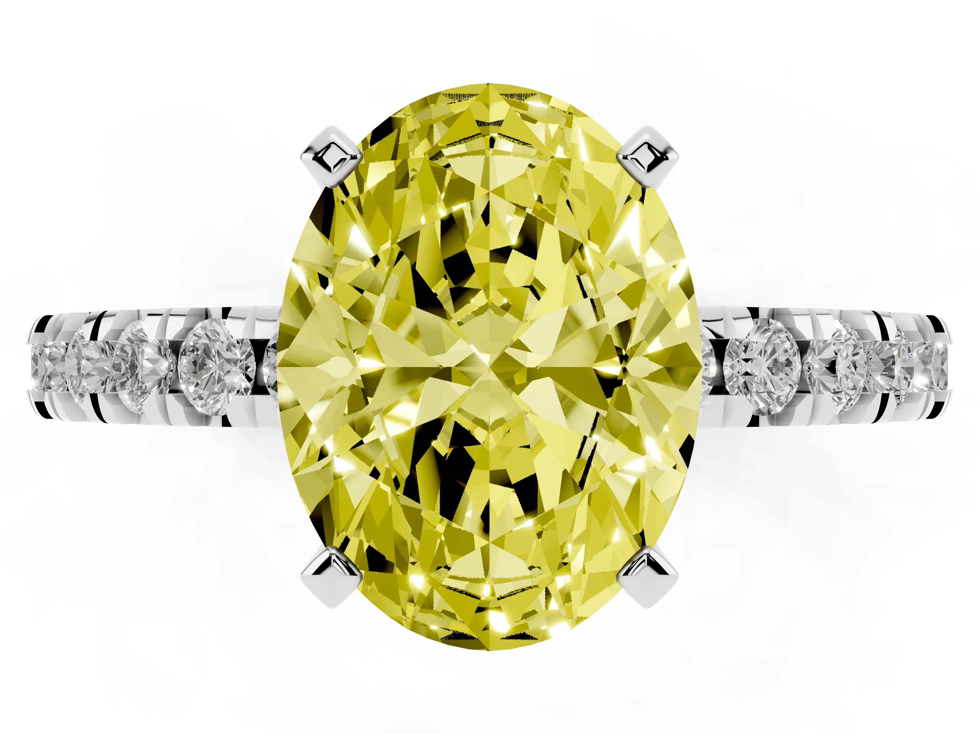Fancy Yellow Oval Cut Diamond Pavé Band Solitaire Set in Silver with Prong Setting