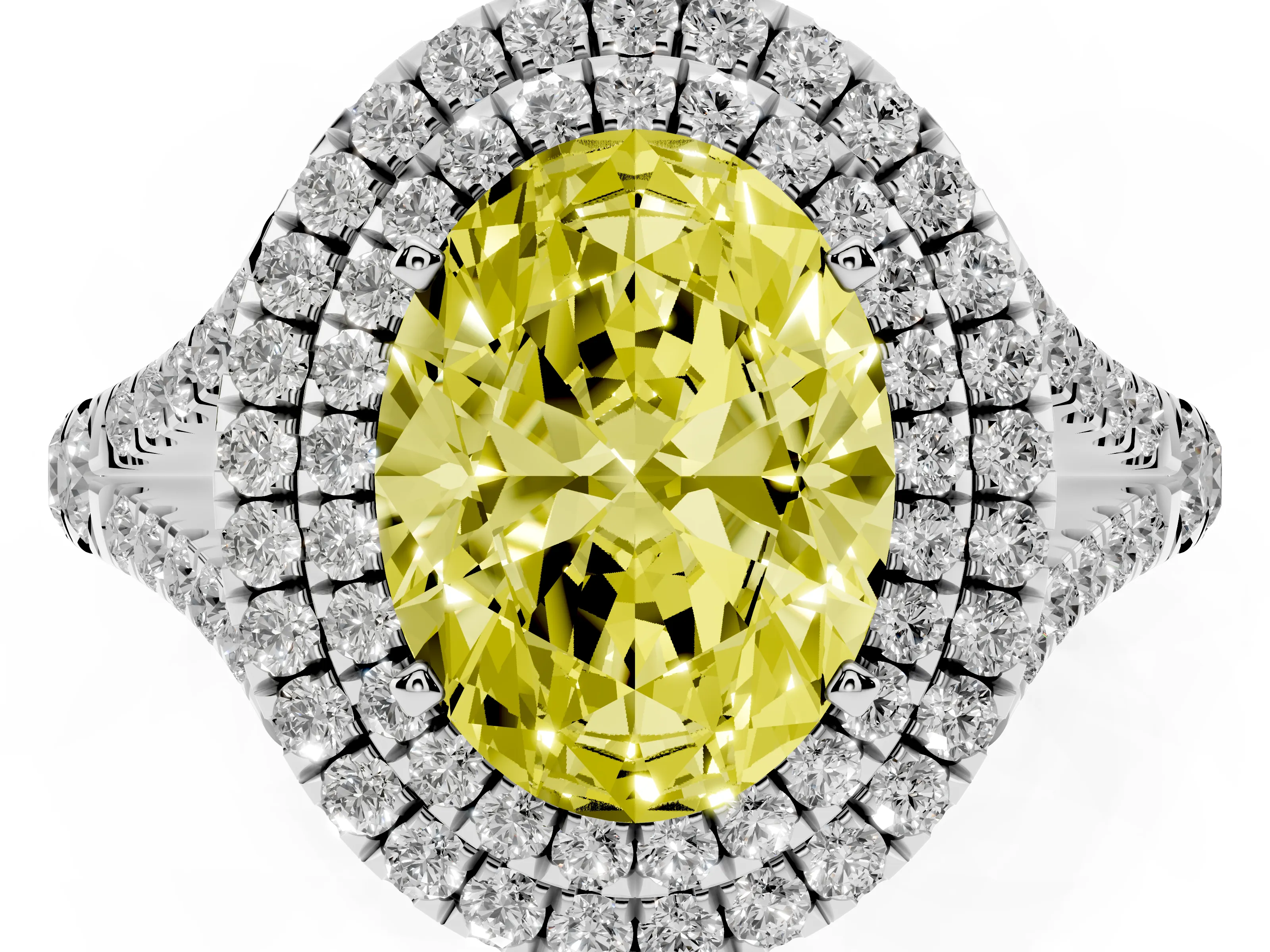 Fancy Yellow Oval Cut Diamond Pavé Split Shank Double Halo Engagement Ring Set in Silver