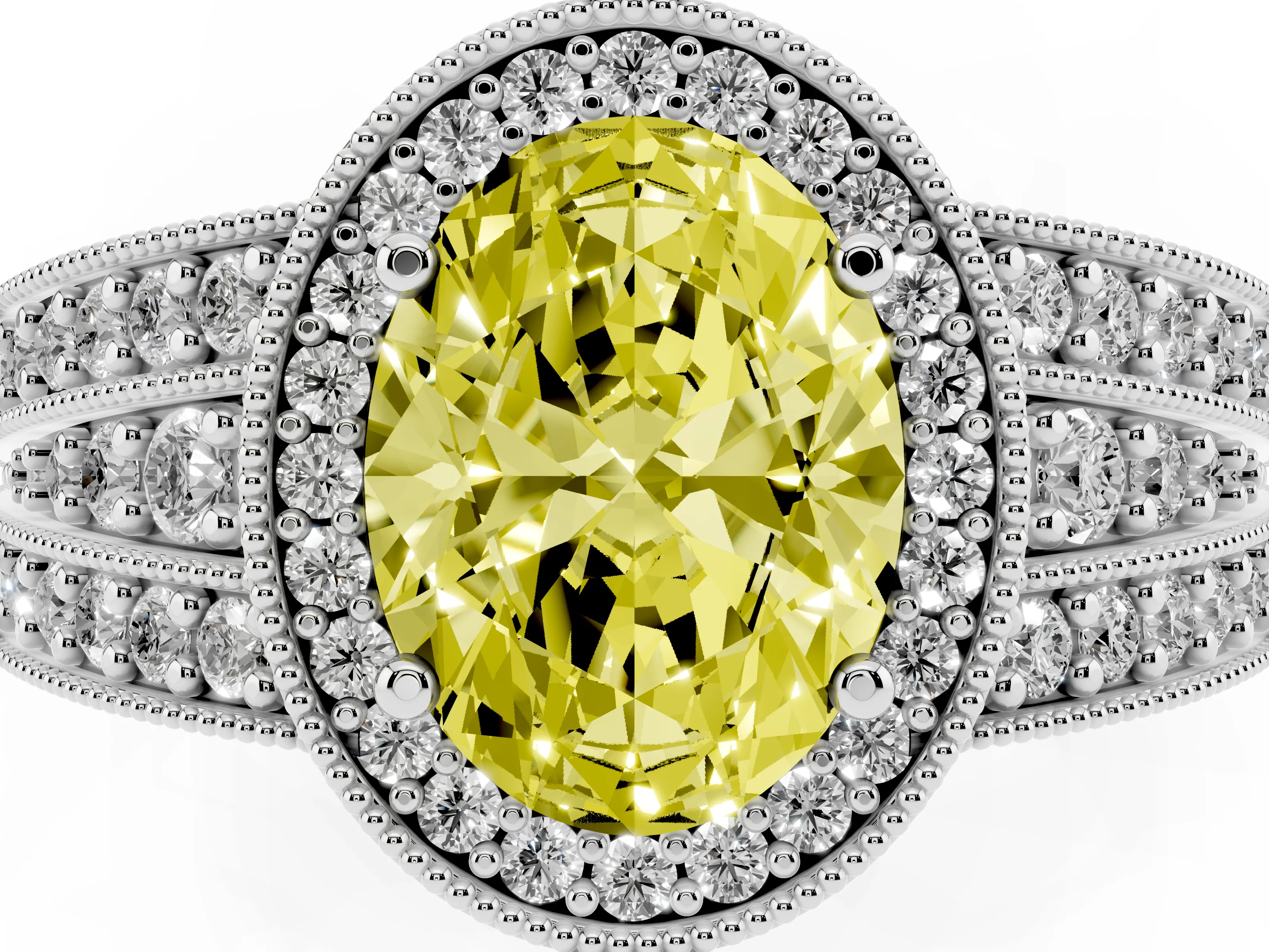 Fancy Yellow Oval Cut Diamond Halo Ring Set in Platinum with Accent Split Shank and Prong Setting