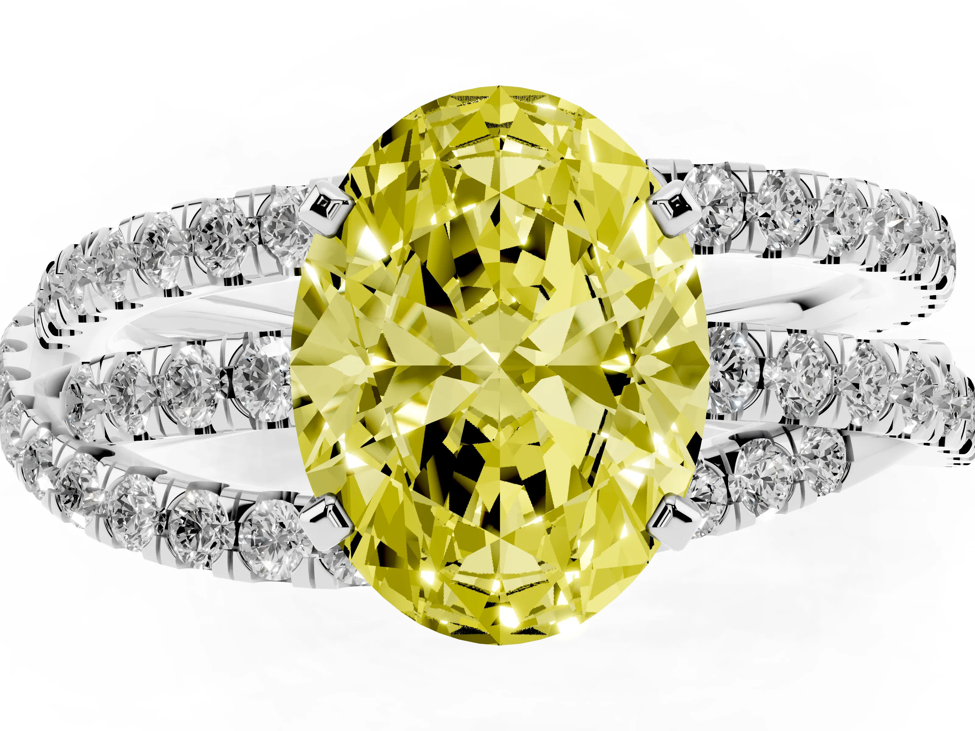 Fancy Yellow Oval Cut Diamond Solitaire Twist Band Ring Set in Platinum with Pavé Setting and Prong Head