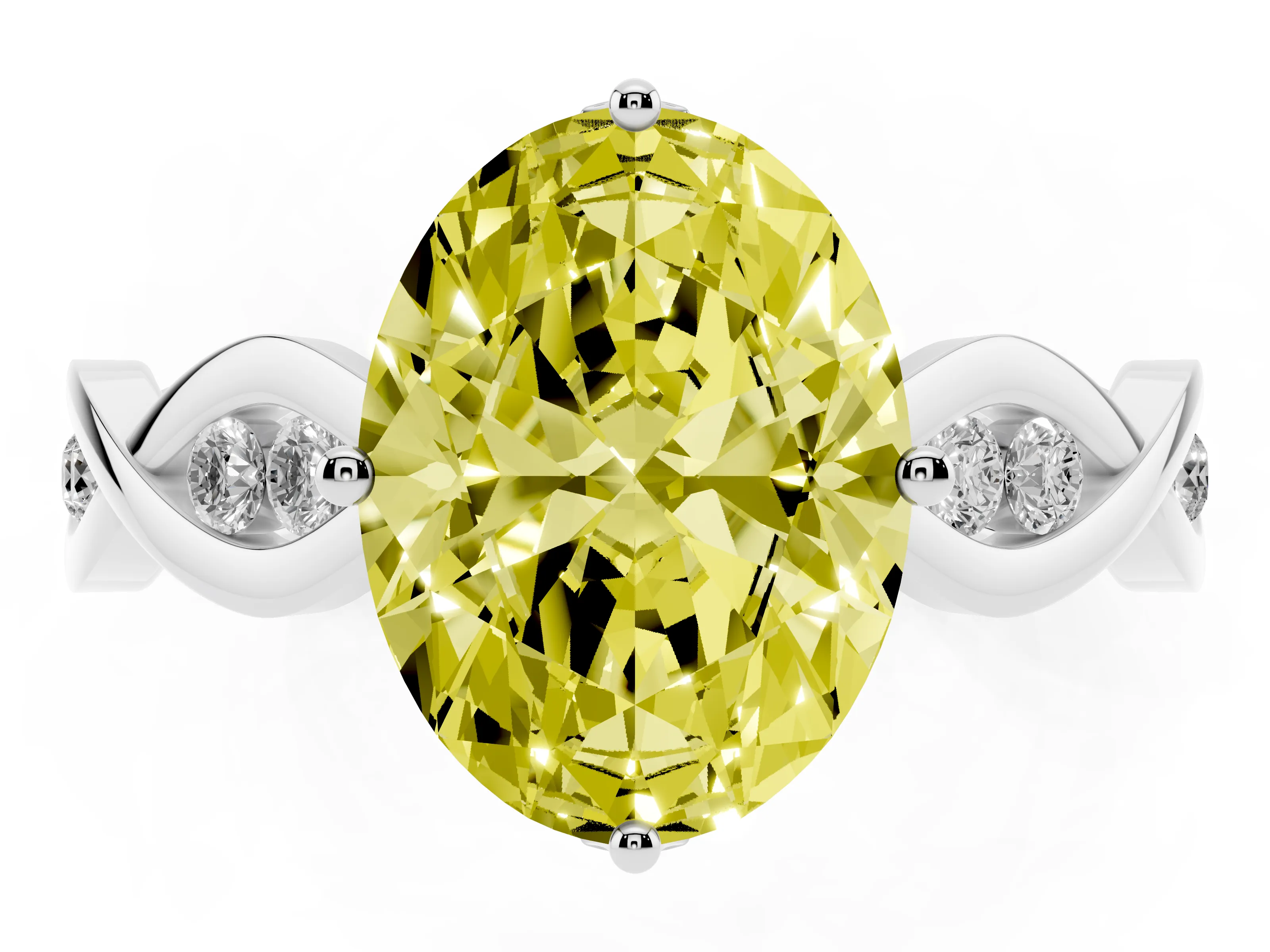 Fancy Yellow Oval Cut Diamond Twist Band Solitaire Ring Set in Platinum with Leaf Prong Setting and Accent Stones