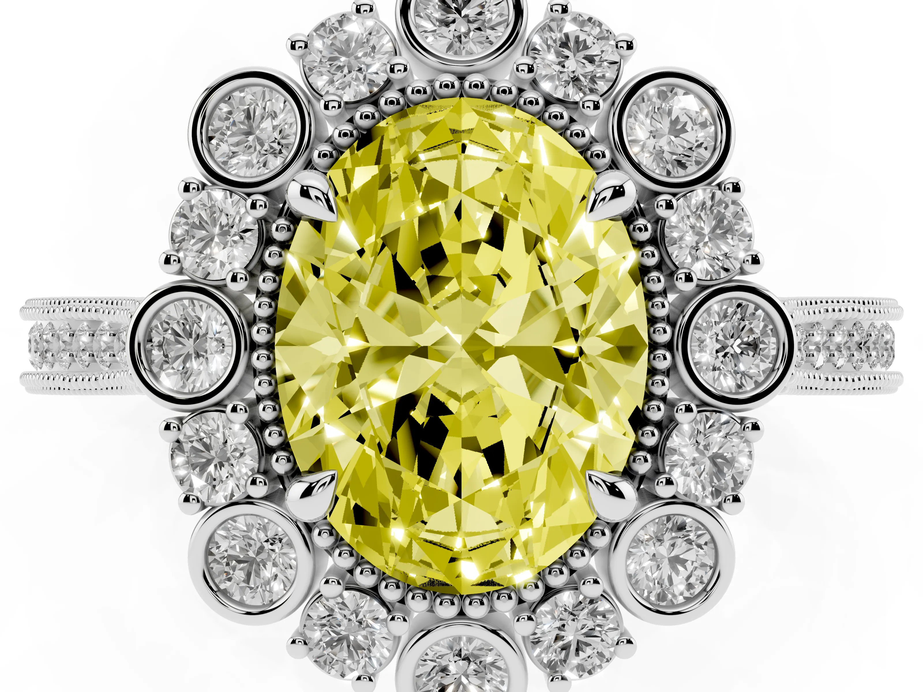 Fancy Yellow Oval Cut Diamond Halo Milgrain Pavé Ring Set in Platinum with Prong Setting