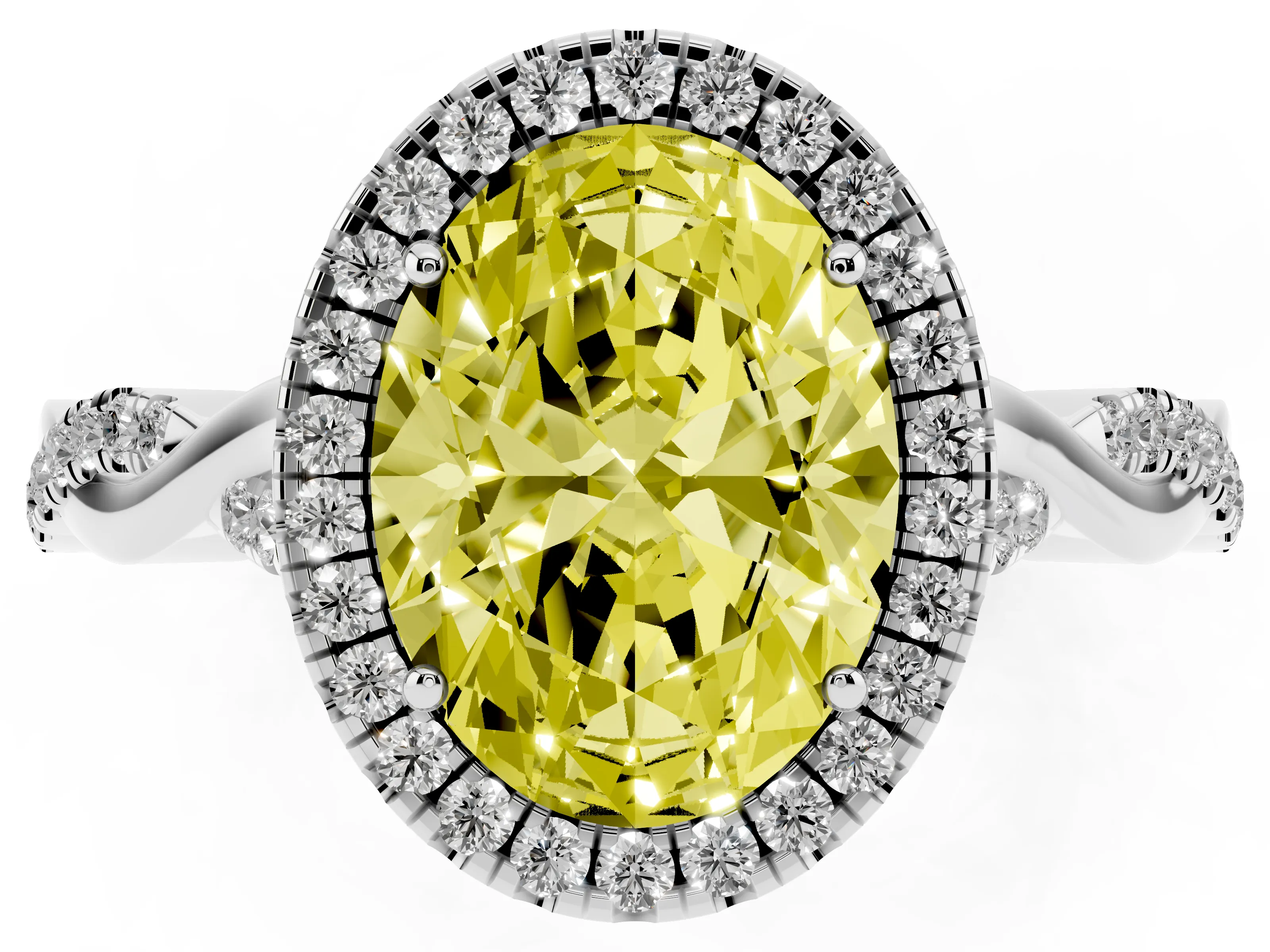 Fancy Yellow Oval Cut Diamond Halo Twist Band Solitaire Ring Set in Platinum with Prong Setting