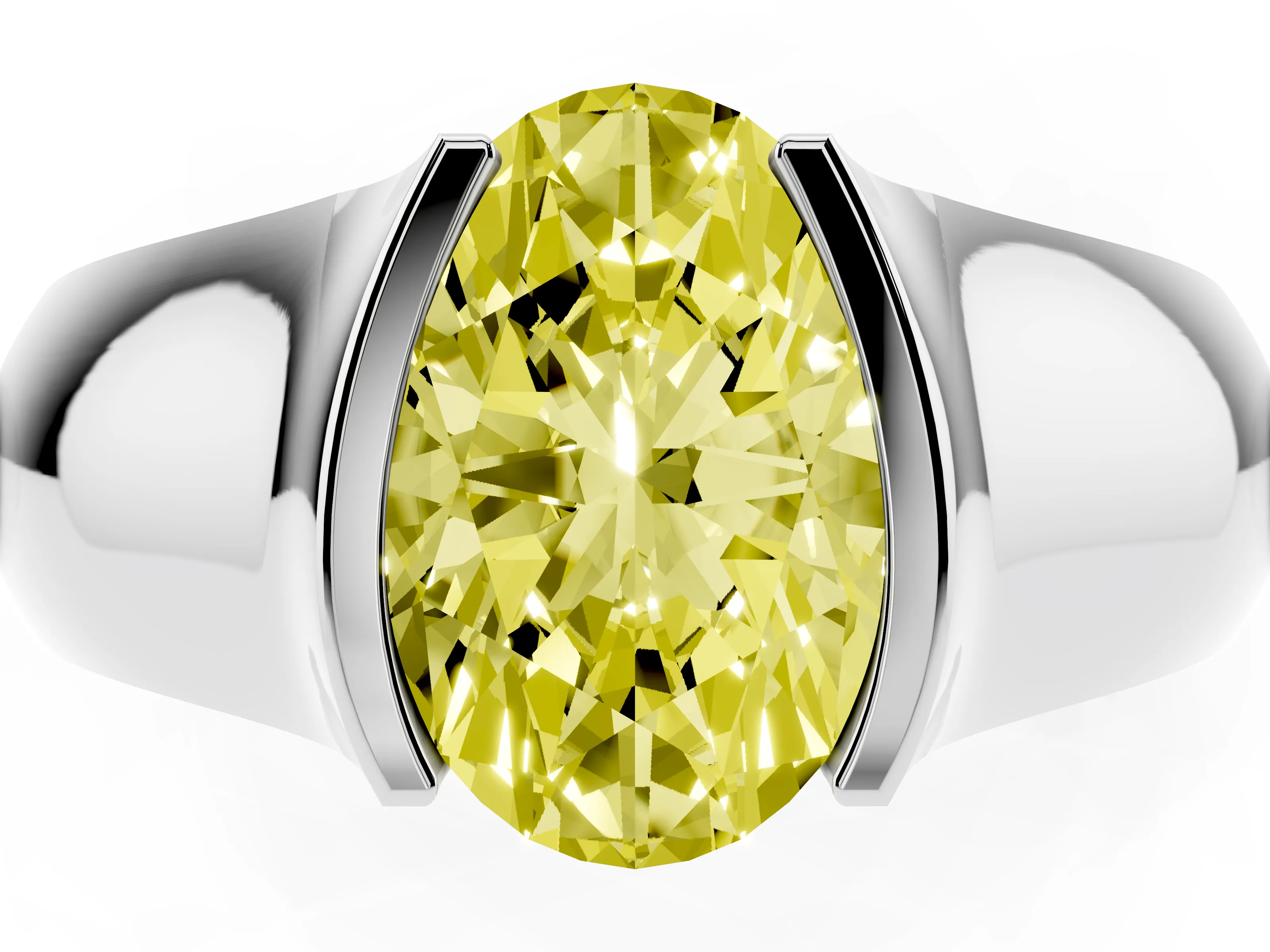 Fancy Yellow Oval Cut Diamond Bezel Solitaire Ring Set in White gold with Wide Band