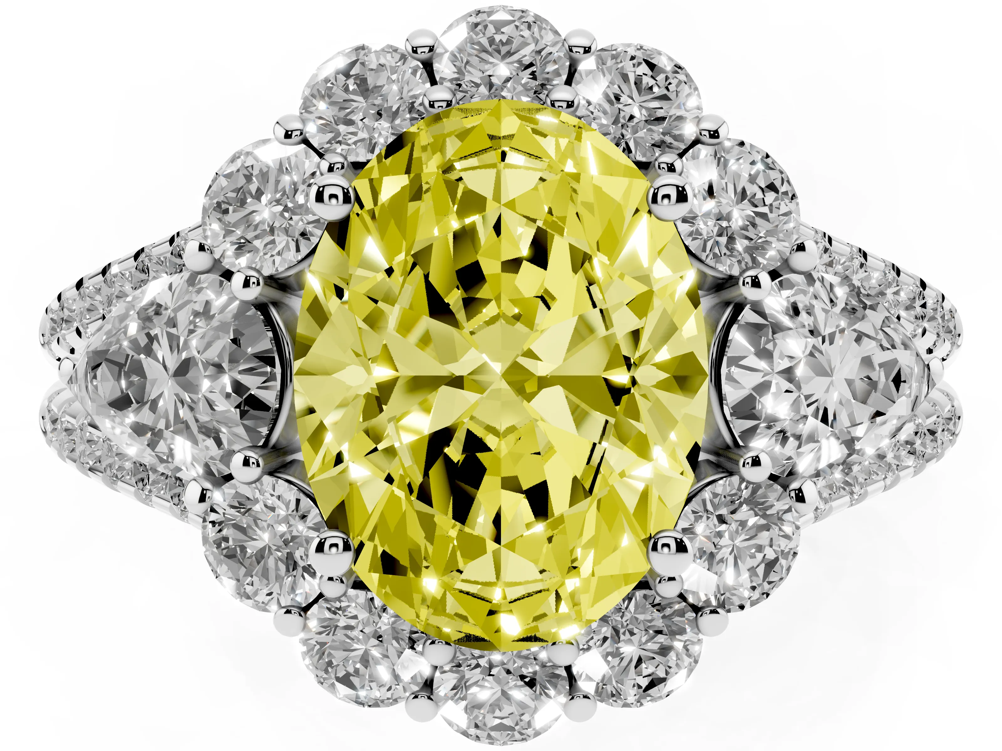 Fancy Yellow Oval Cut Diamond Halo Split Shank Engagement Ring Set in Silver with Prong-Held Center Stone