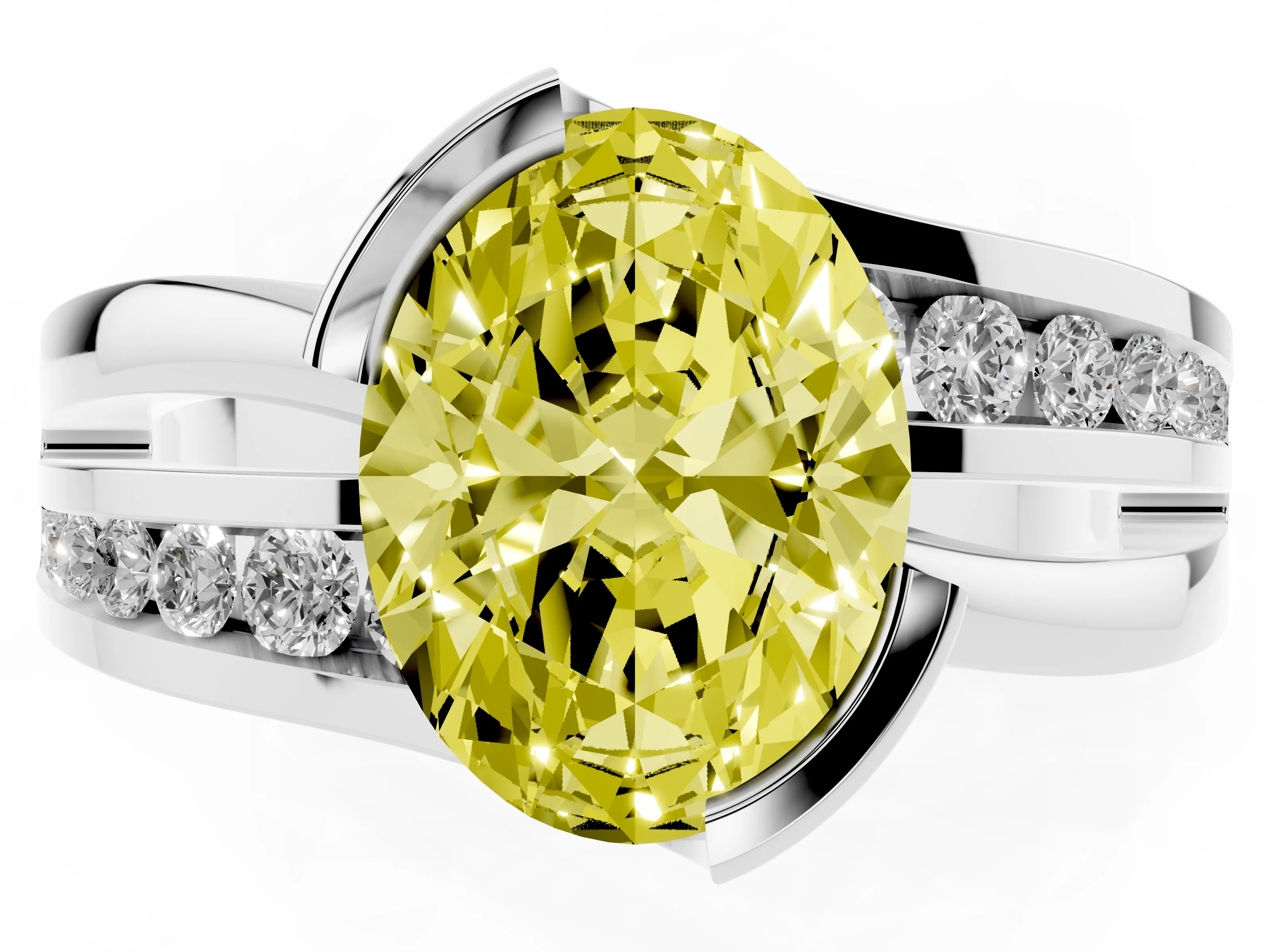 Fancy Yellow Oval Cut Diamond Solitaire Ring Set in Platinum with Channel Set Split Shank and Tension Prongs