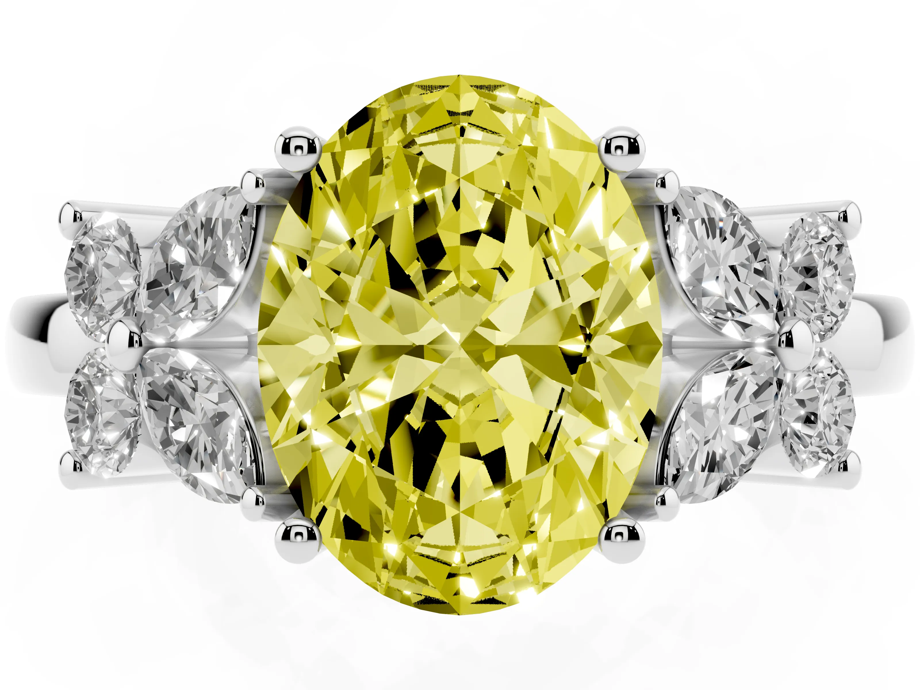 Fancy Yellow Oval Cut Diamond Floral Cluster Ring Set in Platinum with Marquise Petals and Prong Setting