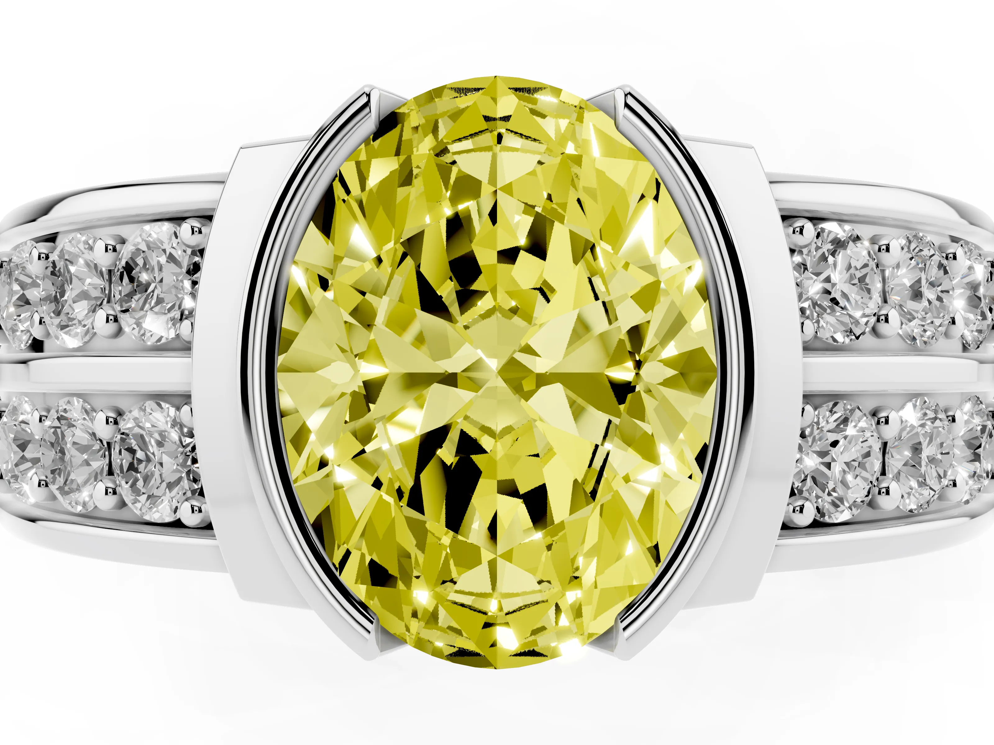 Fancy Yellow Oval Cut Diamond Wide Channel Set Band Ring Set in Silver with Bezel Setting