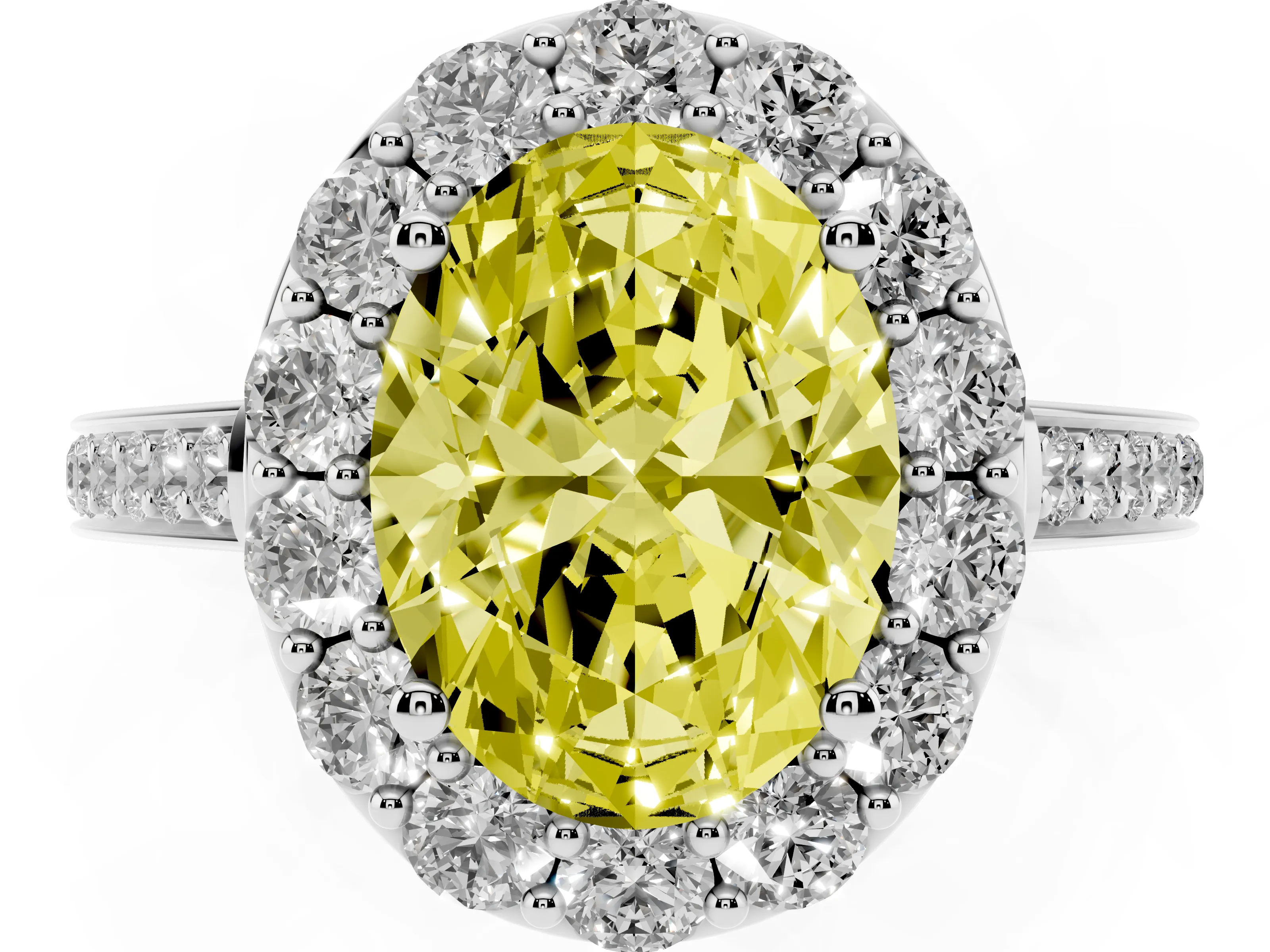 Fancy Yellow Oval Cut Diamond Floral Halo Ring Set in Silver with Pavé Band and Prong Setting