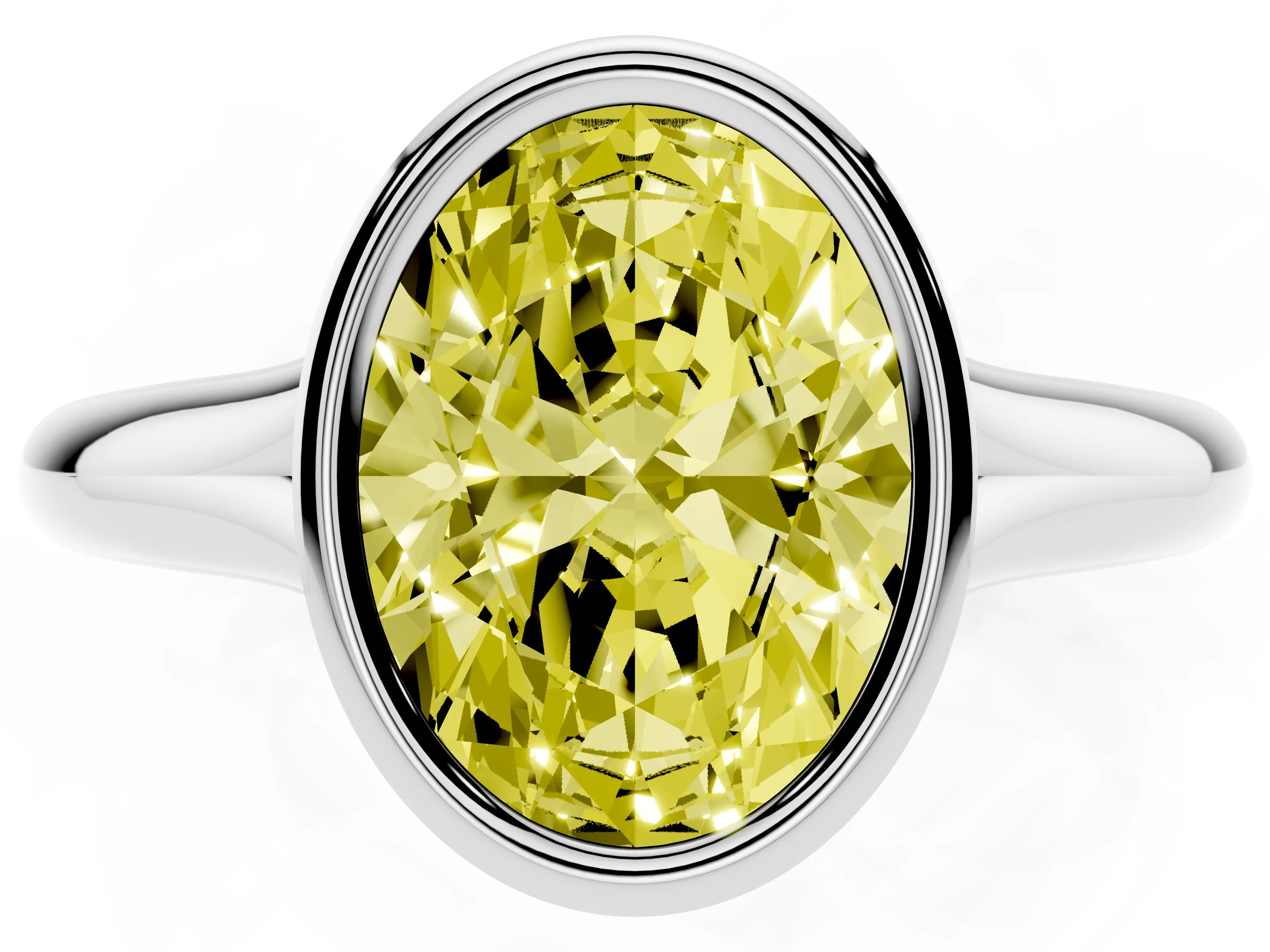 Fancy Yellow Bezel Set Oval Cut Diamond Solitaire Ring Set in White gold with Smooth Band