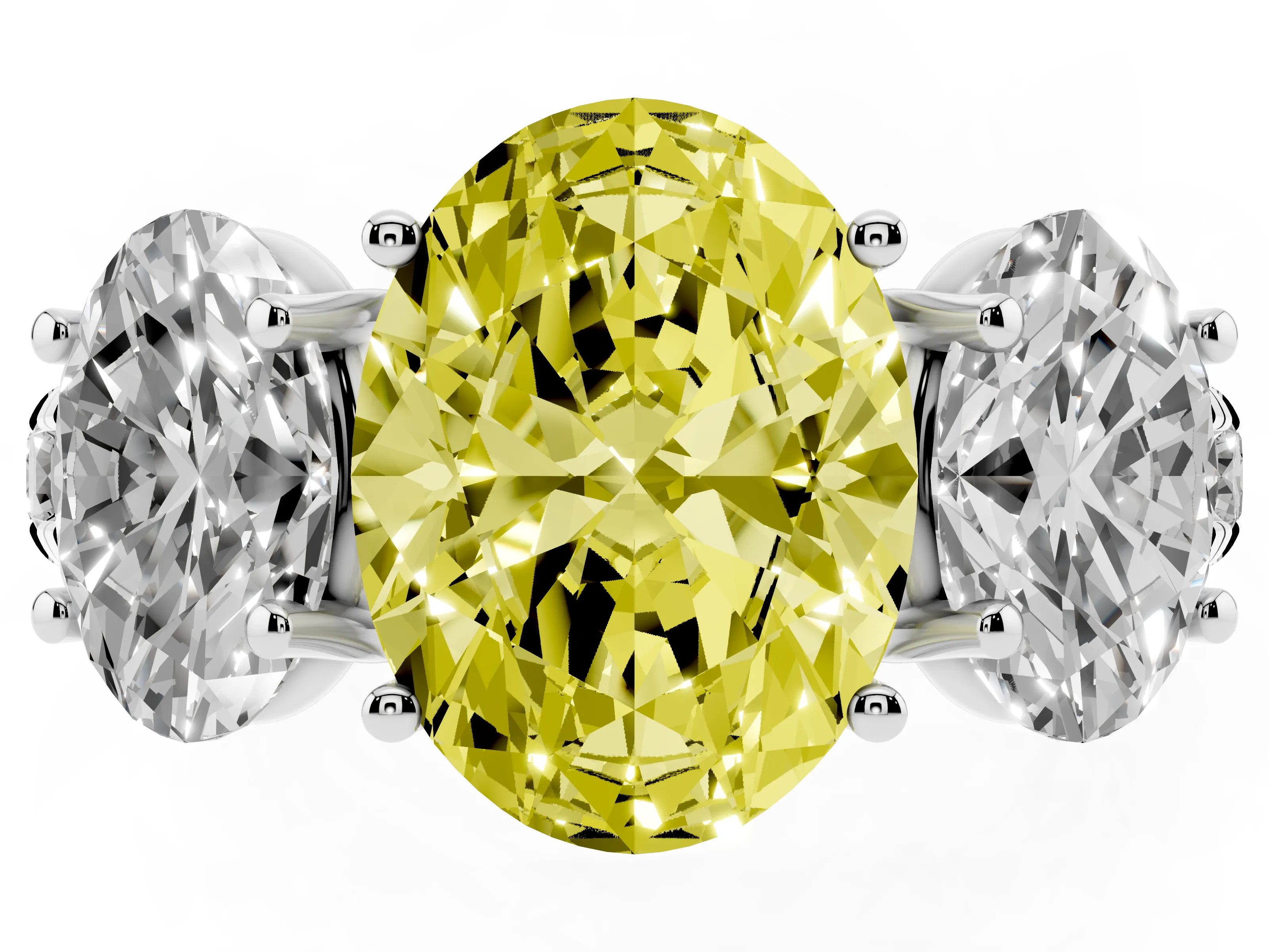Fancy Yellow Oval Cut Diamond Three-Stone Ring Set in Silver with Pavé Band