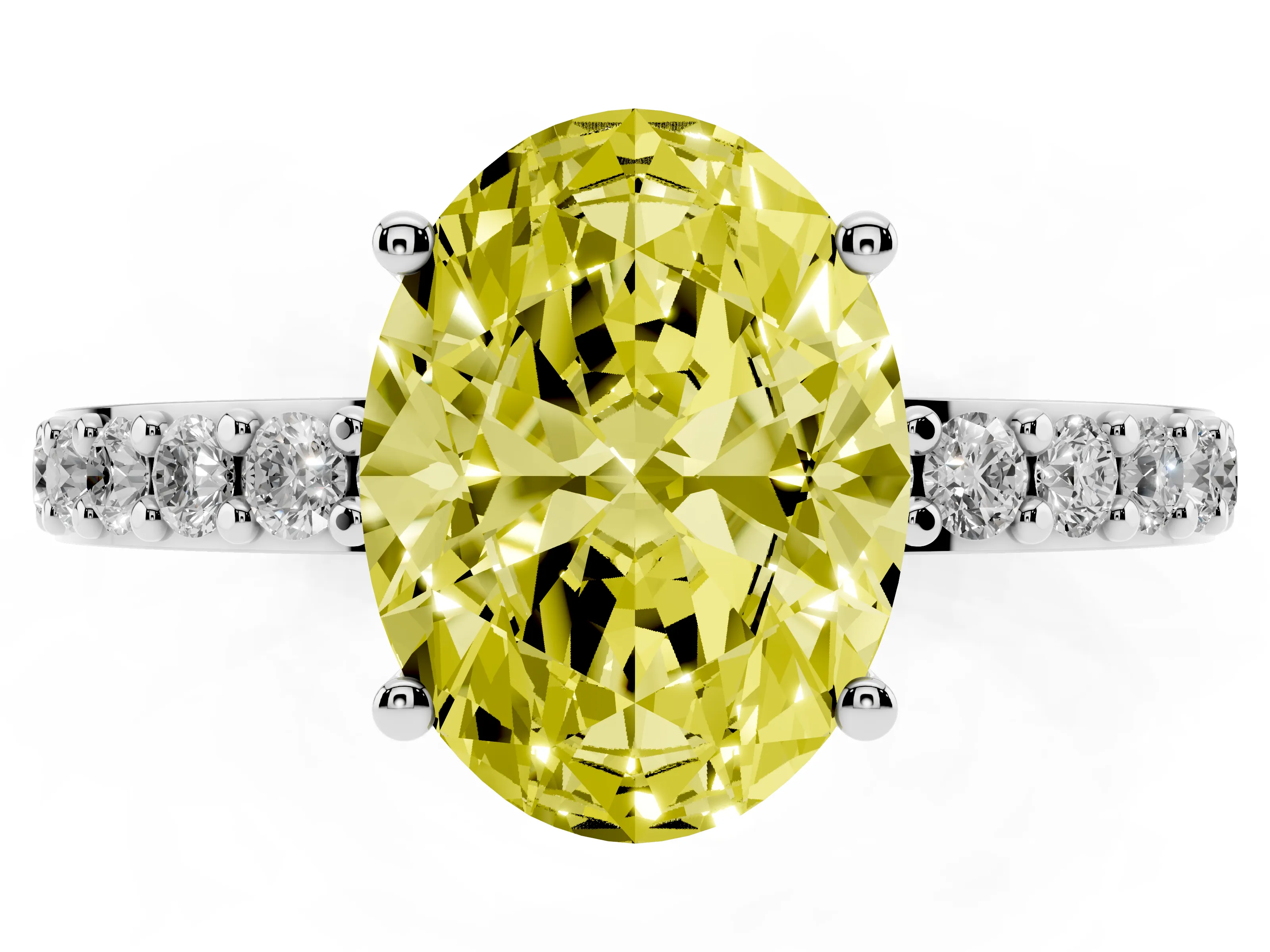 Fancy Yellow Oval Cut Diamond Solitaire Set in Platinum with Round Pavé Band and Prong Setting