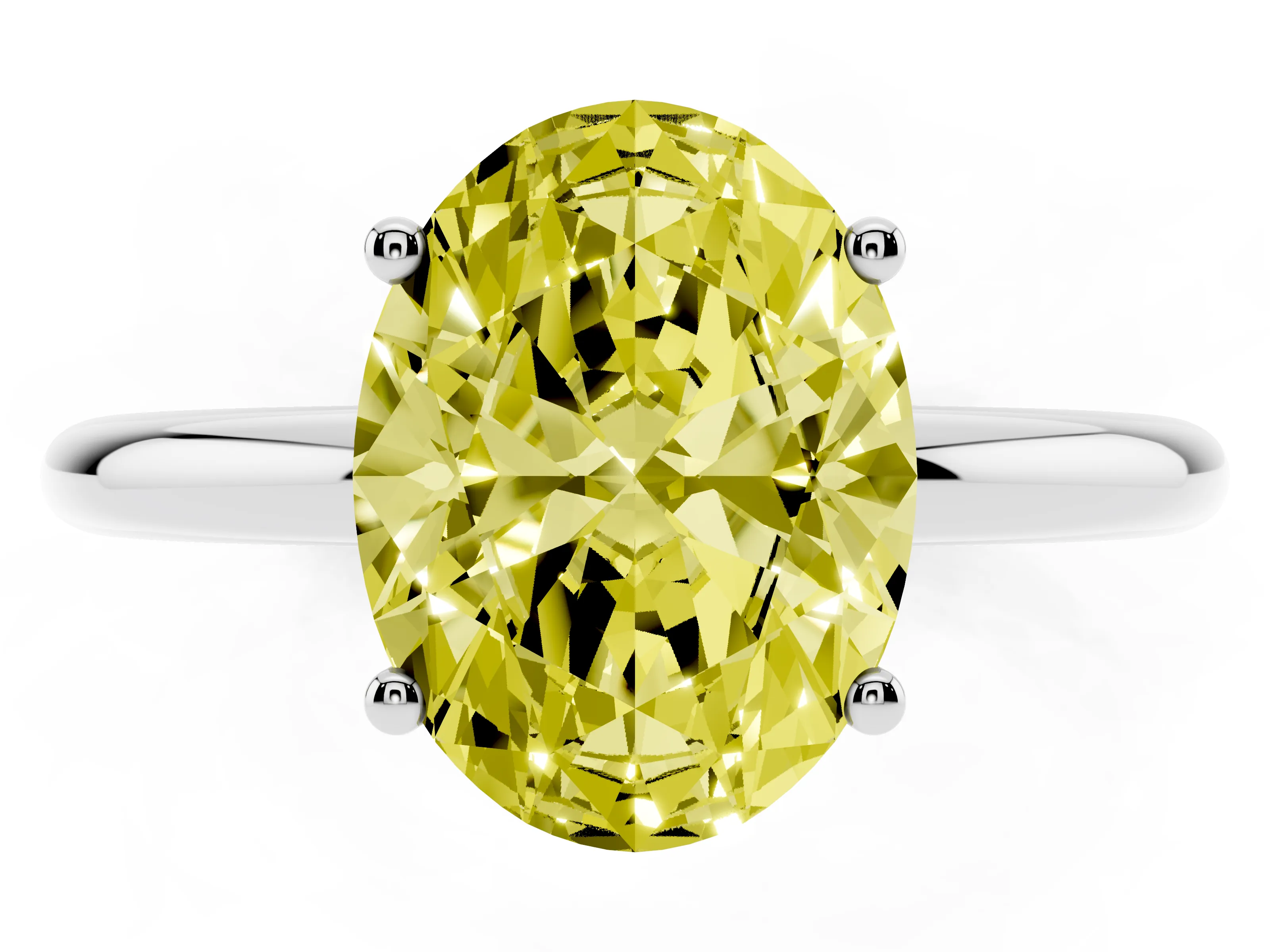 Fancy Yellow Oval Cut Diamond Solitaire Engagement Ring Set in White gold with Prong Setting and Polished Band