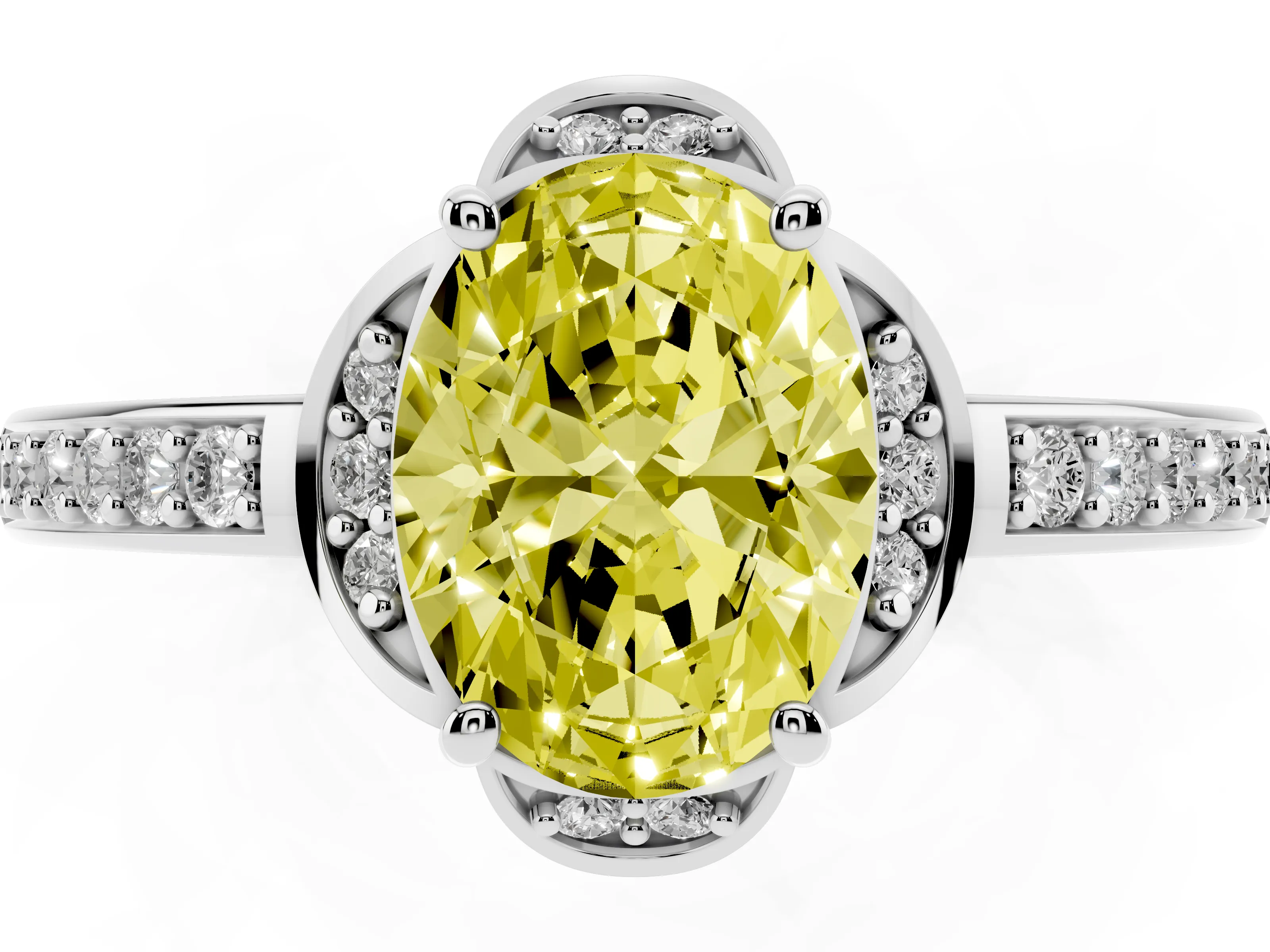 Fancy Yellow Oval Cut Diamond Halo Ring Set in Silver with Channel Set Band and Prong Setting