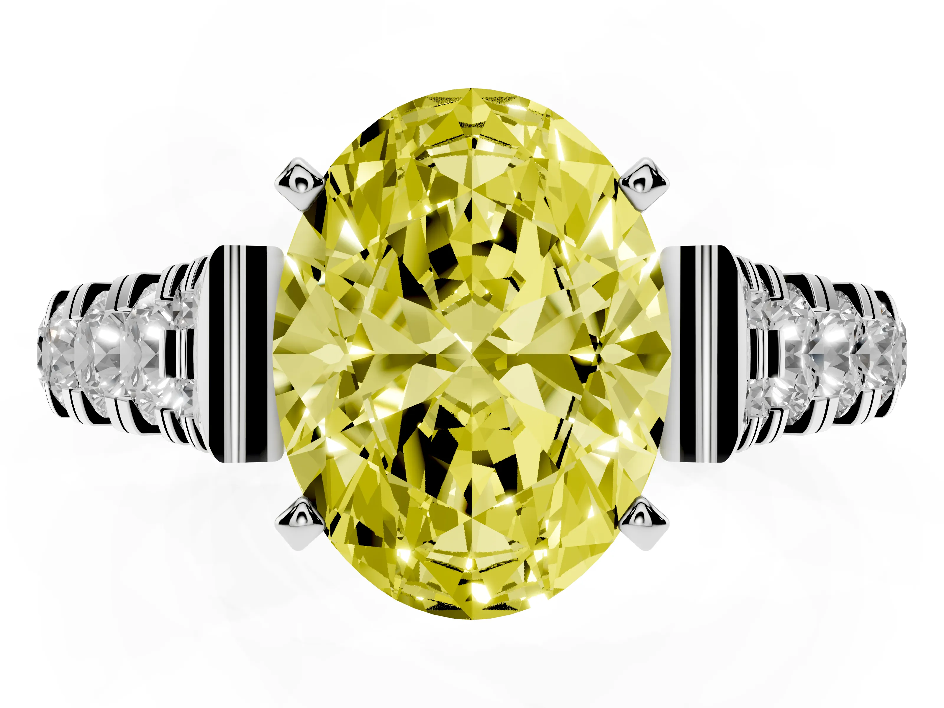 Fancy Yellow Oval Cut Diamond Classic Solitaire Ring Set in Platinum with Pavé Band and Prong Setting