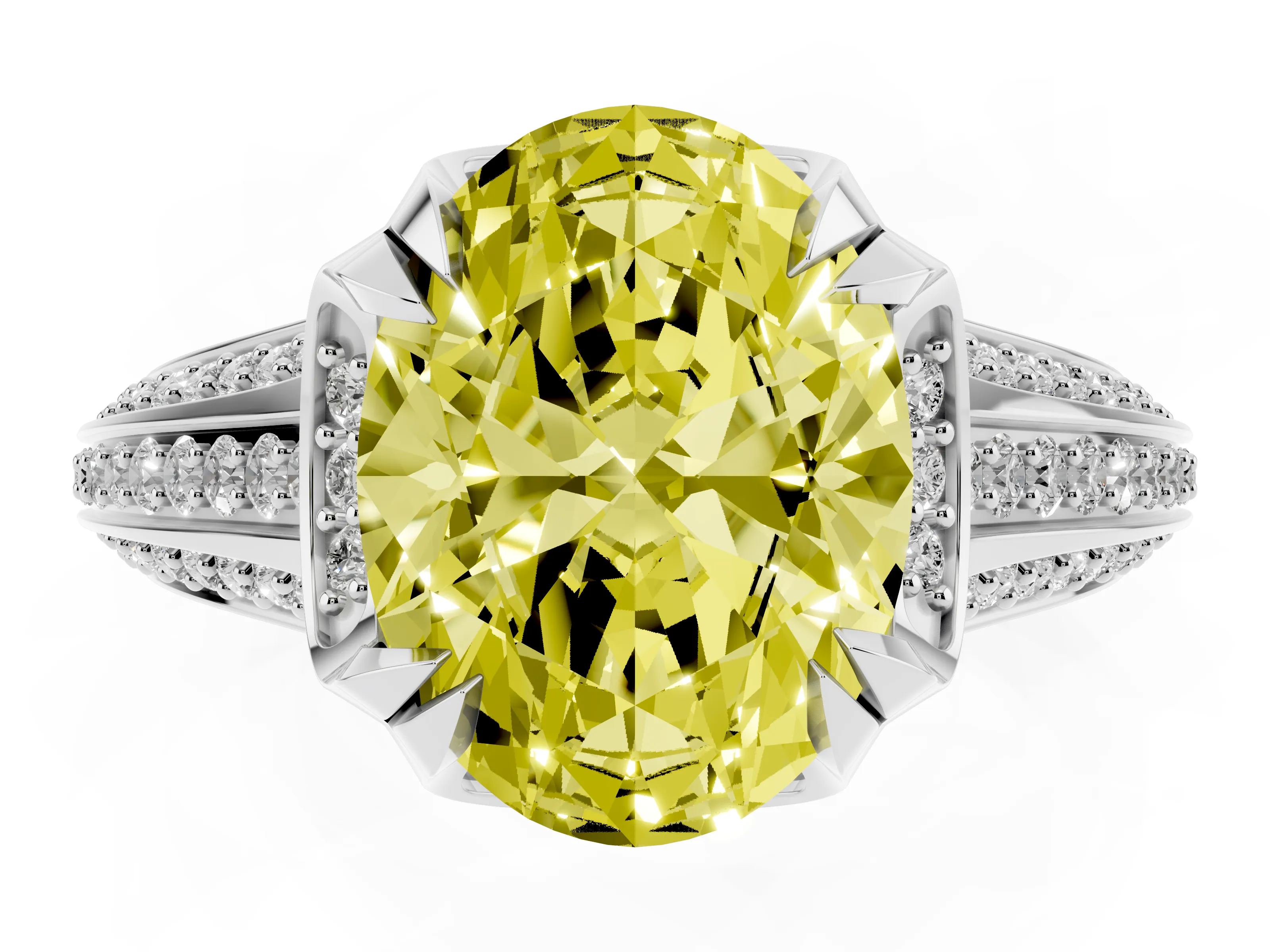 Fancy Yellow Oval Cut Diamond Pavé Split Shank Solitaire Ring Set in Silver with Prong Setting
